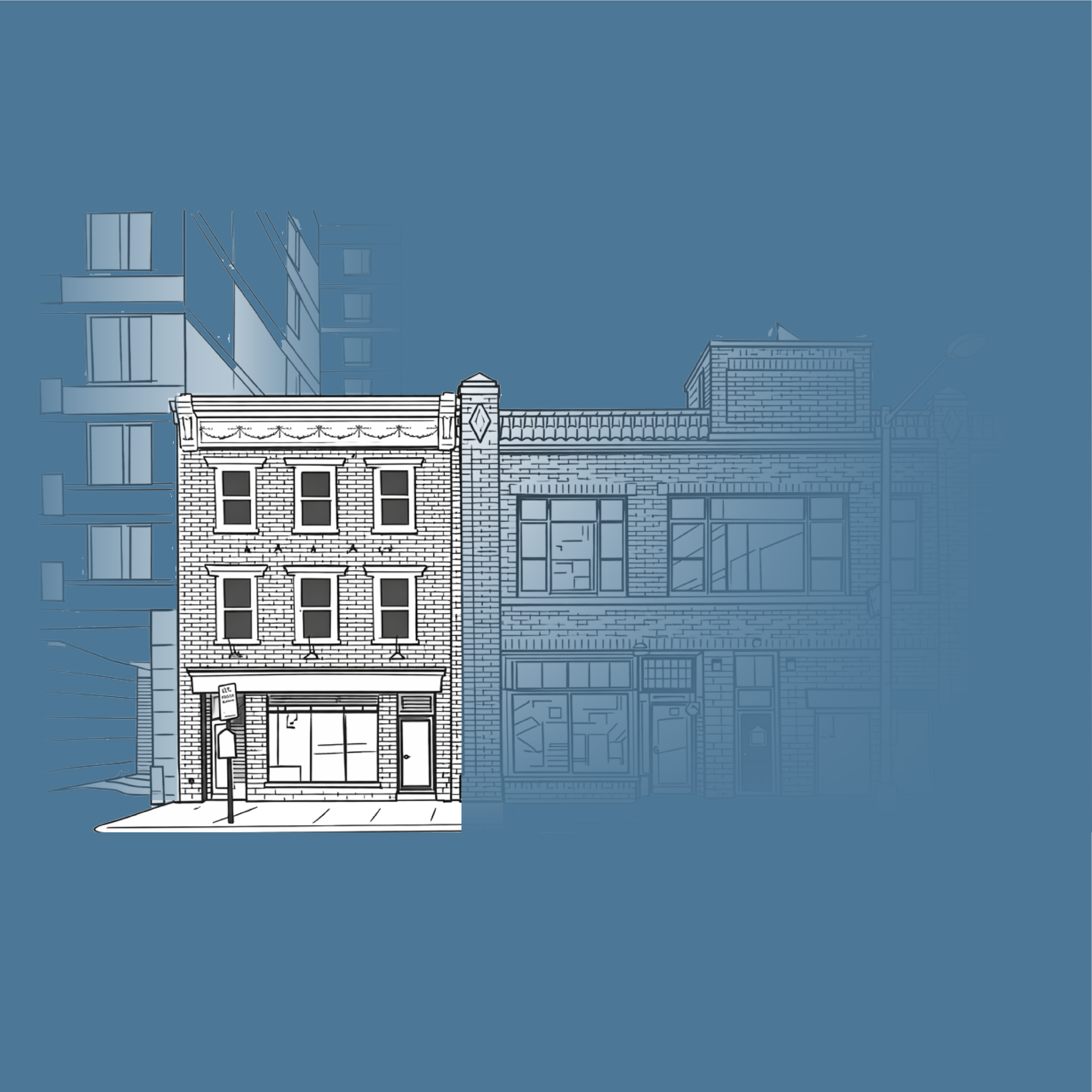 Street view of three adjacent brick buildings, one with a barber shop and a sign for popular cuts, another with windows and a storefront.