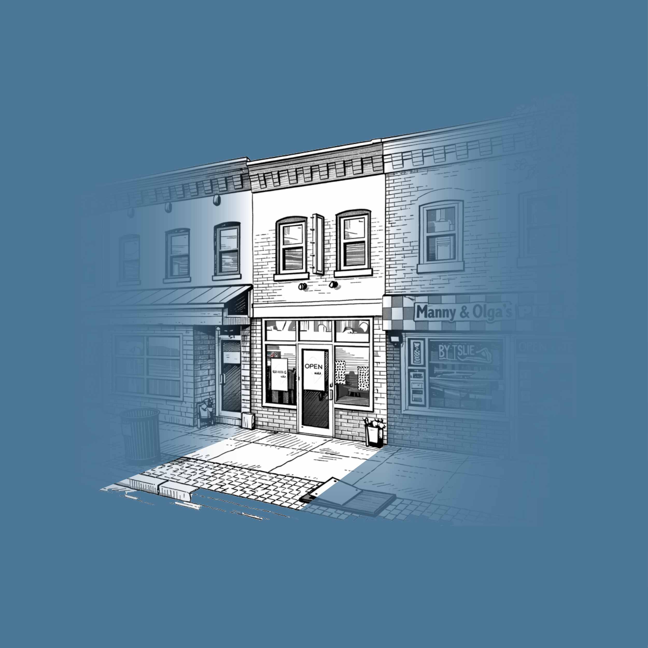 Colorful row of shops on a city street, including Manny & Olga's Pizza with a checkered red and white sign, neon signs, and a building with blue, yellow, and red facades under a partly cloudy sky.