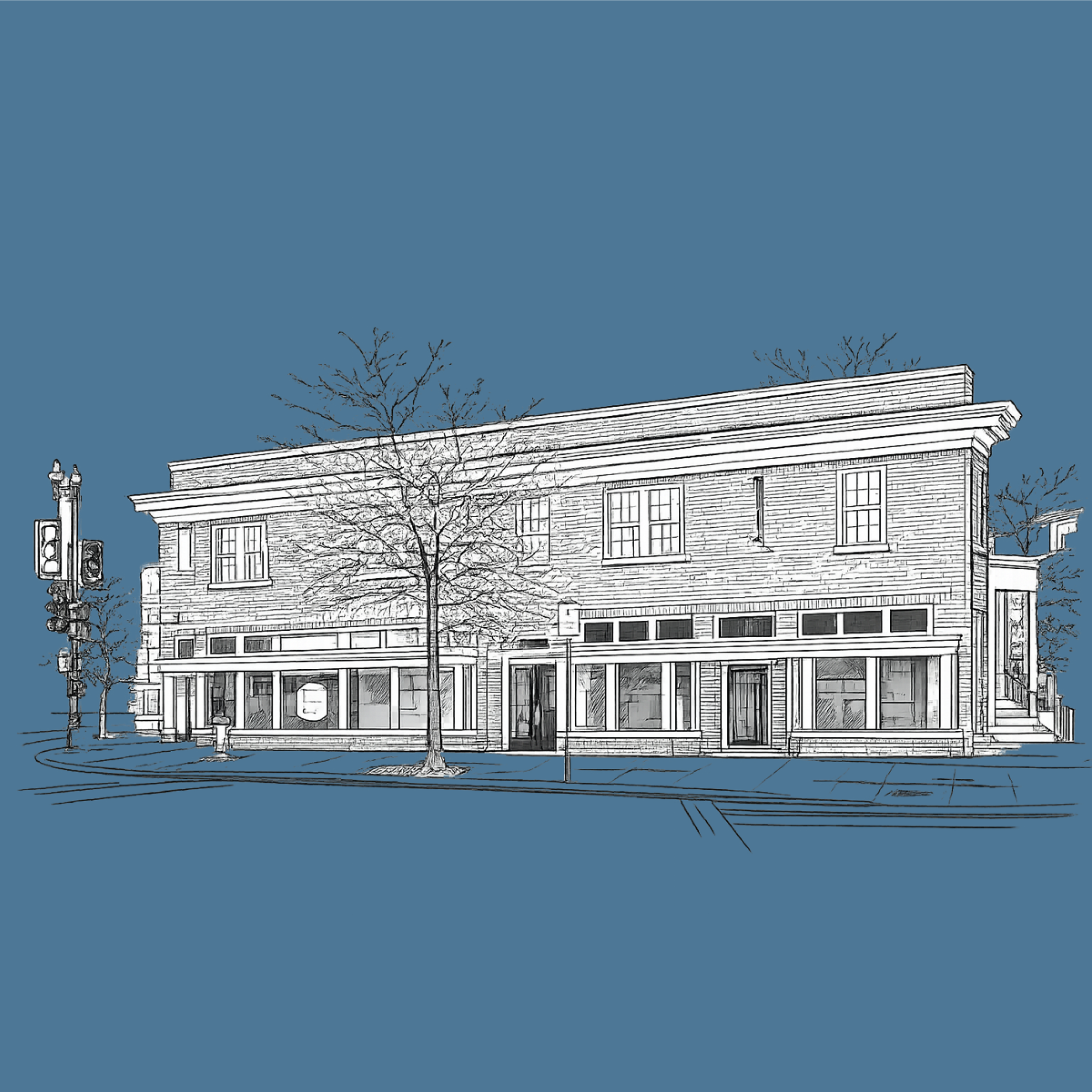 Corner building at the intersection of California and Florida streets with brick and gray exterior, traffic lights, street signs, and trees in an urban neighborhood.