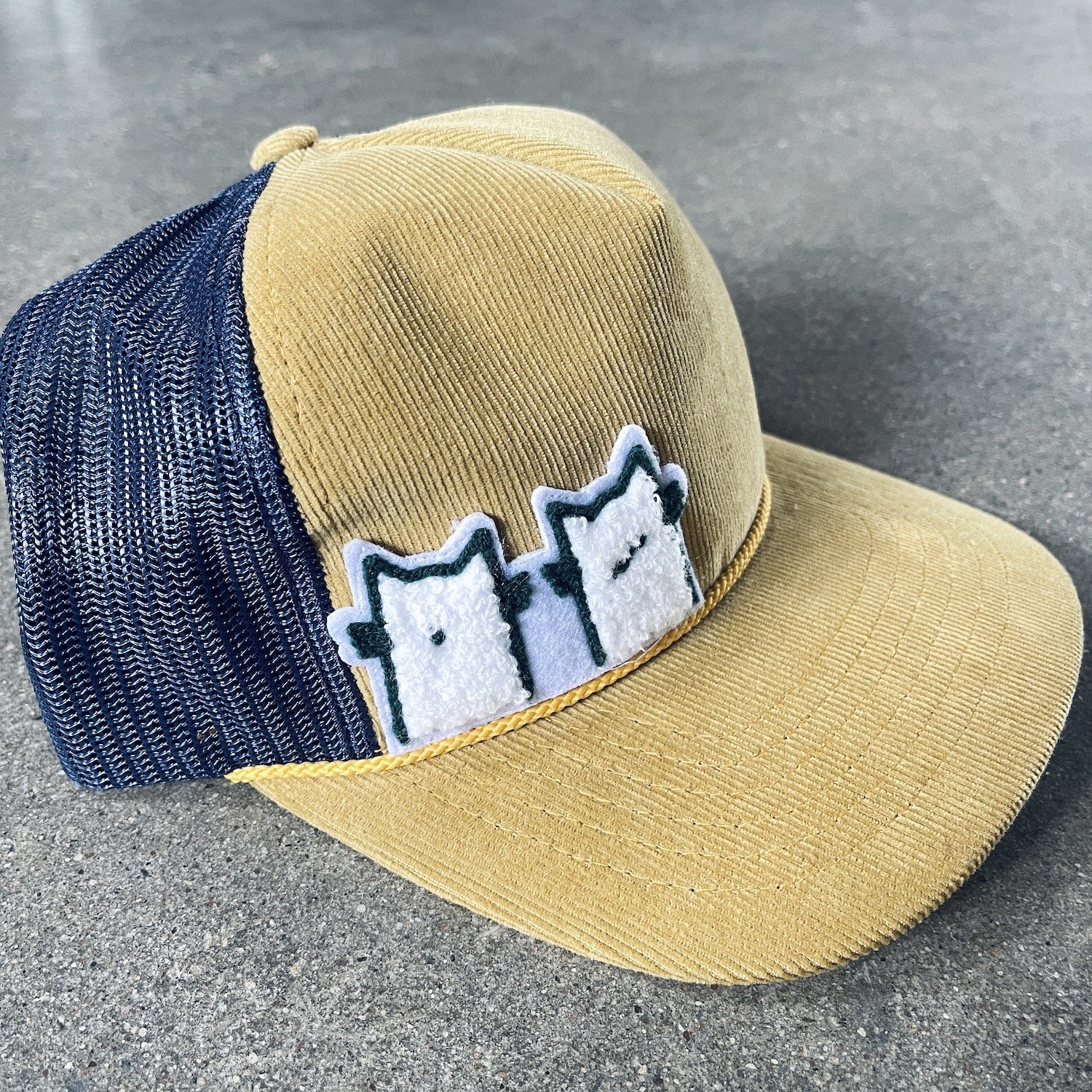 trucker-hat corduroy-mesh-two-cat-patch-mustard-yellow-navy.jpg