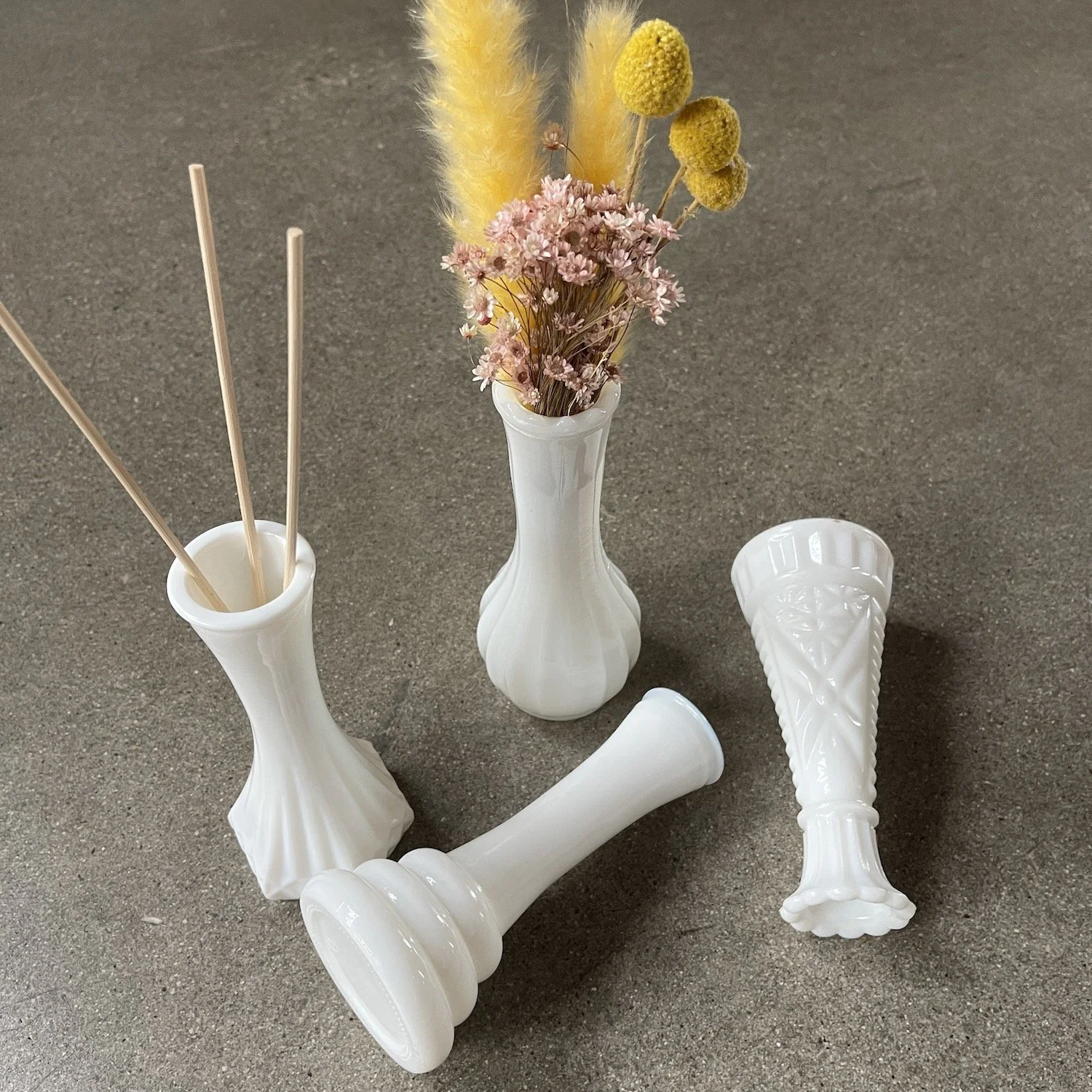 Vintage Milk Glass Bud Vase / Reed Diffuser — The Mustache Cat display picture 1