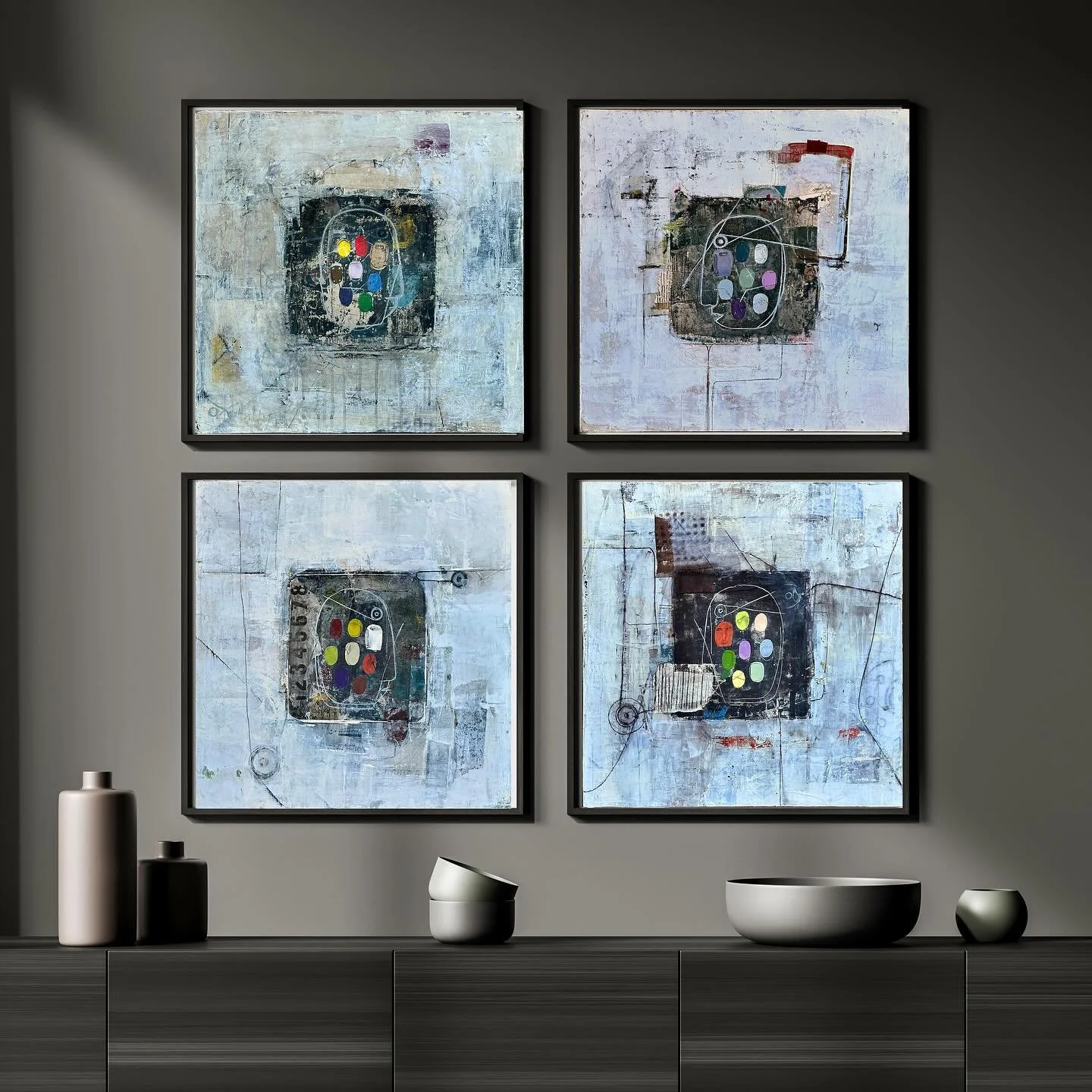 Series of four 20&rdquo; wood panels coming together as &ldquo;Complete in Pieces.&rdquo;
The works are titled, &ldquo;Masks, Layers, Shadows, and Light&rdquo;.

They&rsquo;ll be installing at @dartgallerydenver next week&mdash;excited to see them al