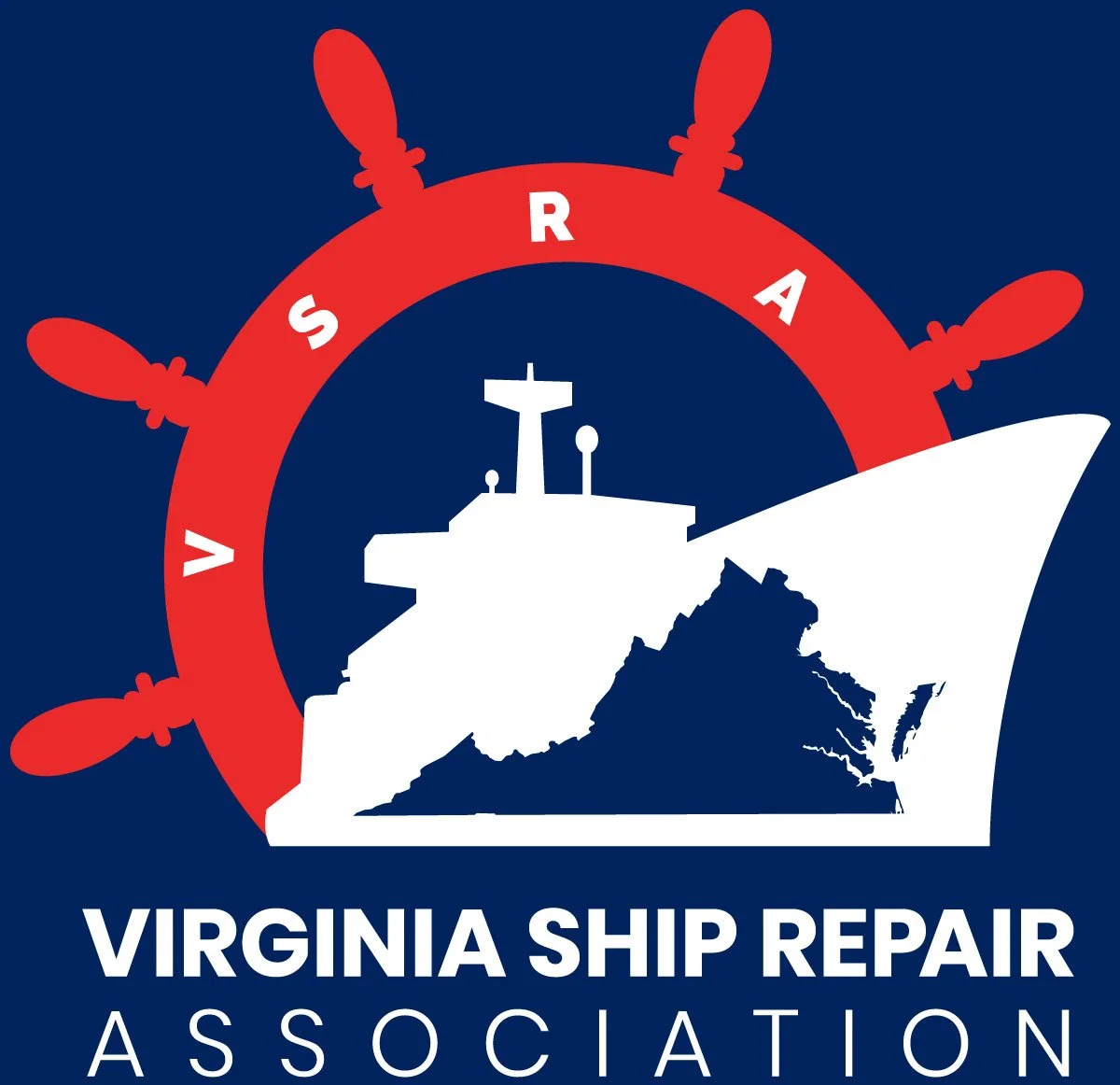 Logo of Virginia Ship Repair Association with an outline of a ship and the state of Virginia. A red ship's wheel with the word "VIRGINIA" around it in white letters is behind the ship and state outline.