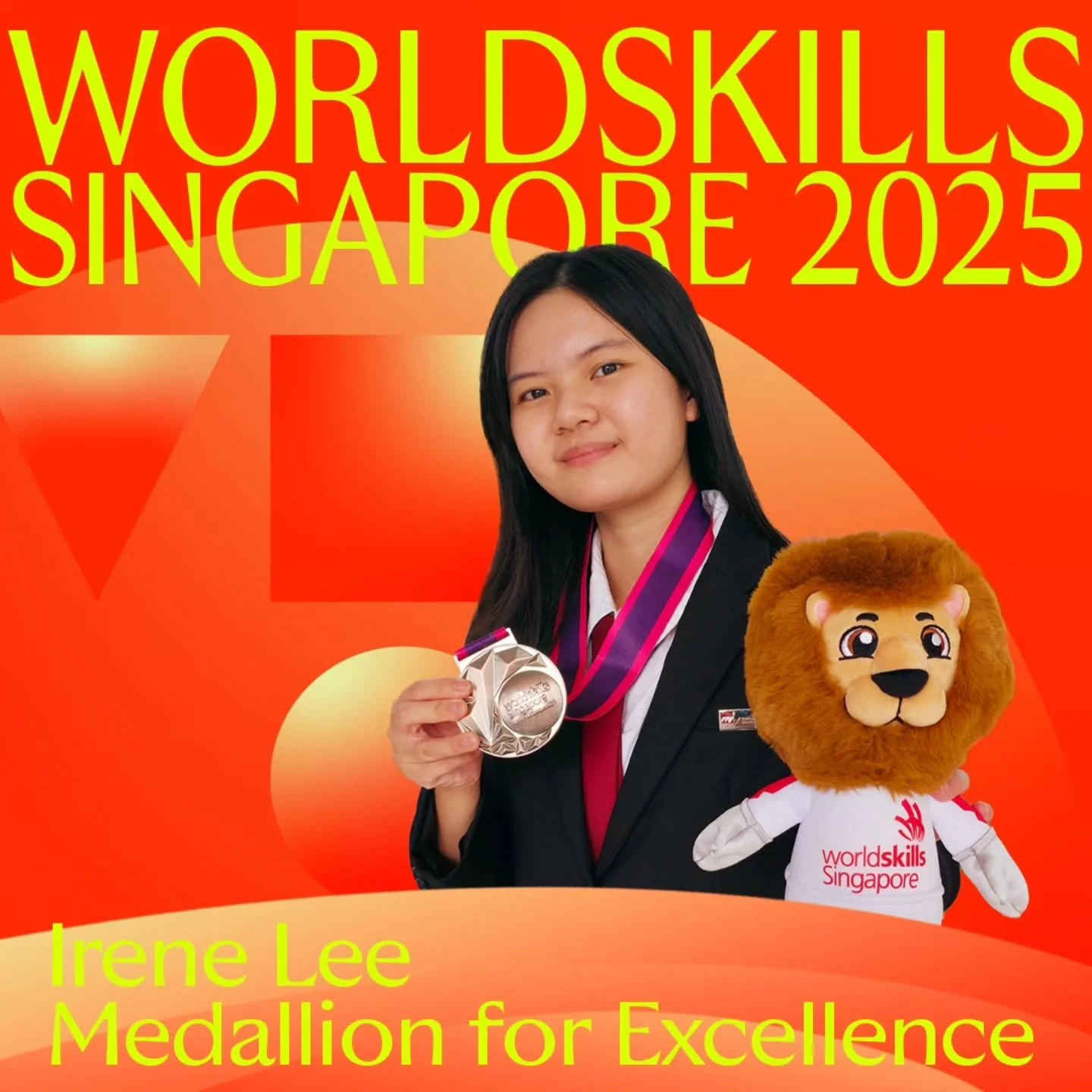 Huge congratulations to Irene Lee from Nitec in Visual Communication for winning the Medallion for Excellence in Graphic Design Technology at WorldSkills Singapore 2025!
 
After 9 months of intense training on top of her regular coursework, Irene co