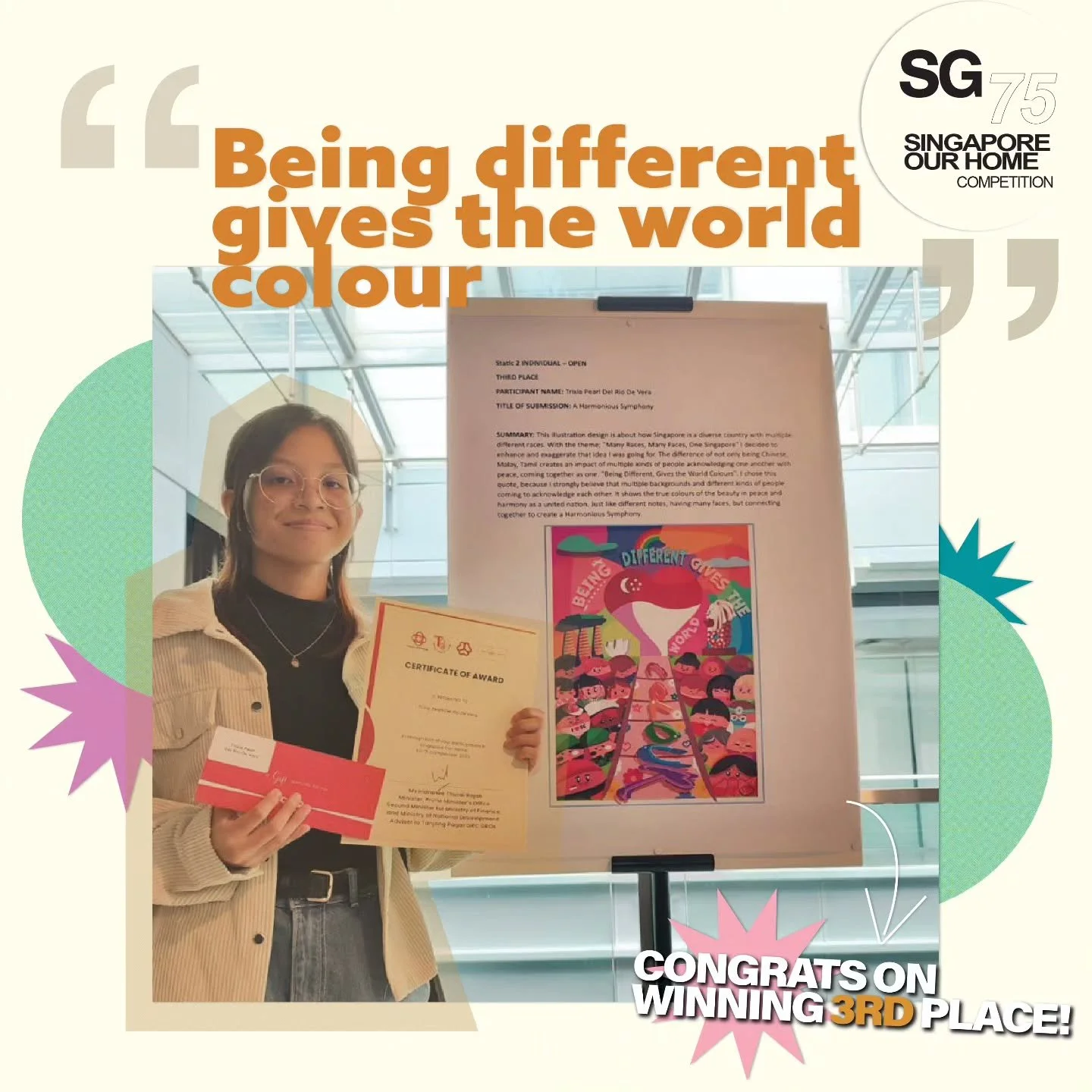 Congrats to 🥉:Trixia! @zzz._zel for winning  3rd place in this year&rsquo;s SG75 
Artwork Title: A Harmonious Symphony
-
-
-
-
#GraphicDesign
#Illustration
#Art
#Design
#Graphic
#VisualsSG
#StudentWork
#Competition
#ArtStudent
#VSC
#VSCSG
#SDMITE
#I