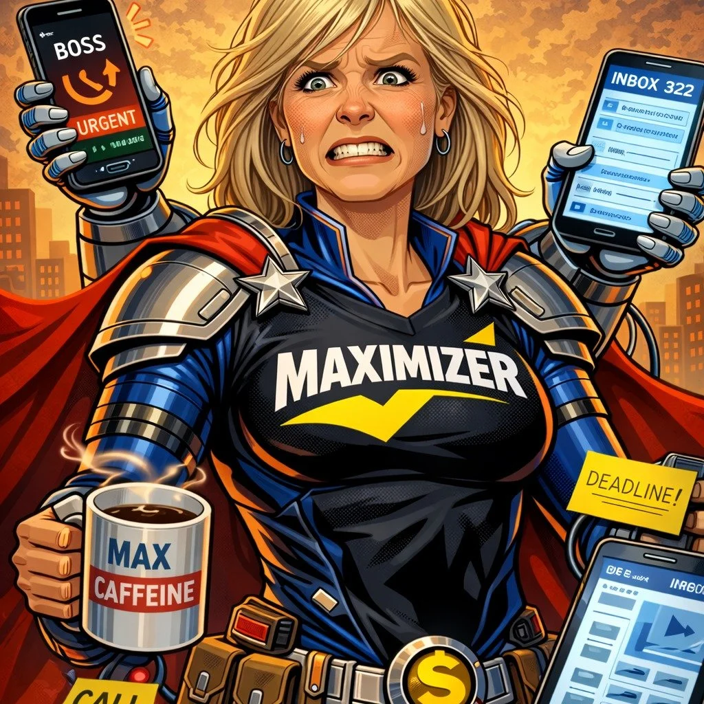 Earlier this week, I shared an AI-generated image of me with my Maximizer (my number one CliftonStrengths) theme activated. Which, I hope, brought some laughs.

Today, I share a slightly different version of that and one that demonstrates what happen