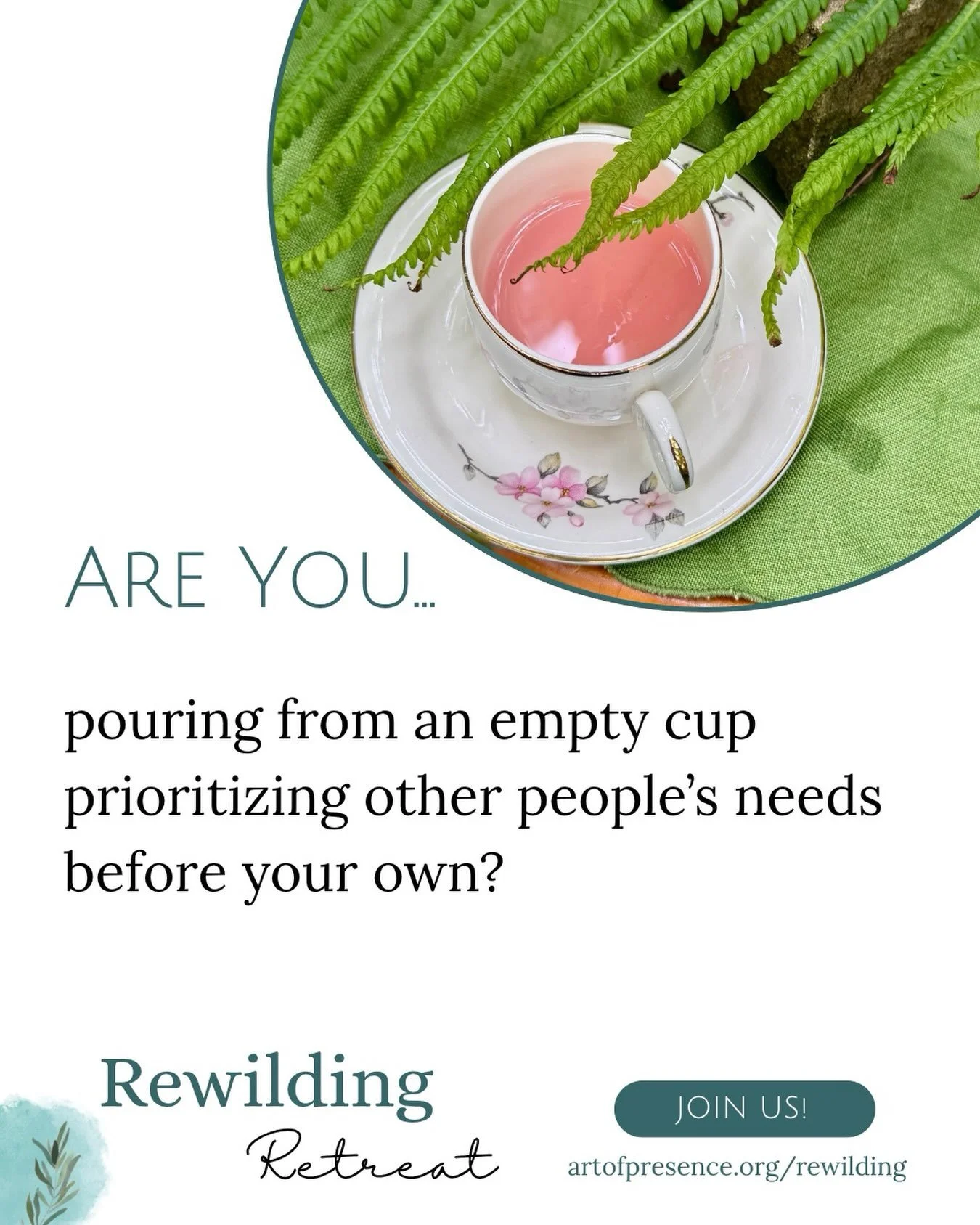 Are you pouring from an empty cup? 

Many women are. We are often programmed to put everyone else&rsquo;s needs ahead of our own. 

There is no shame in admitting that what you desire most is some time to restore, relax, and connect with other like-h