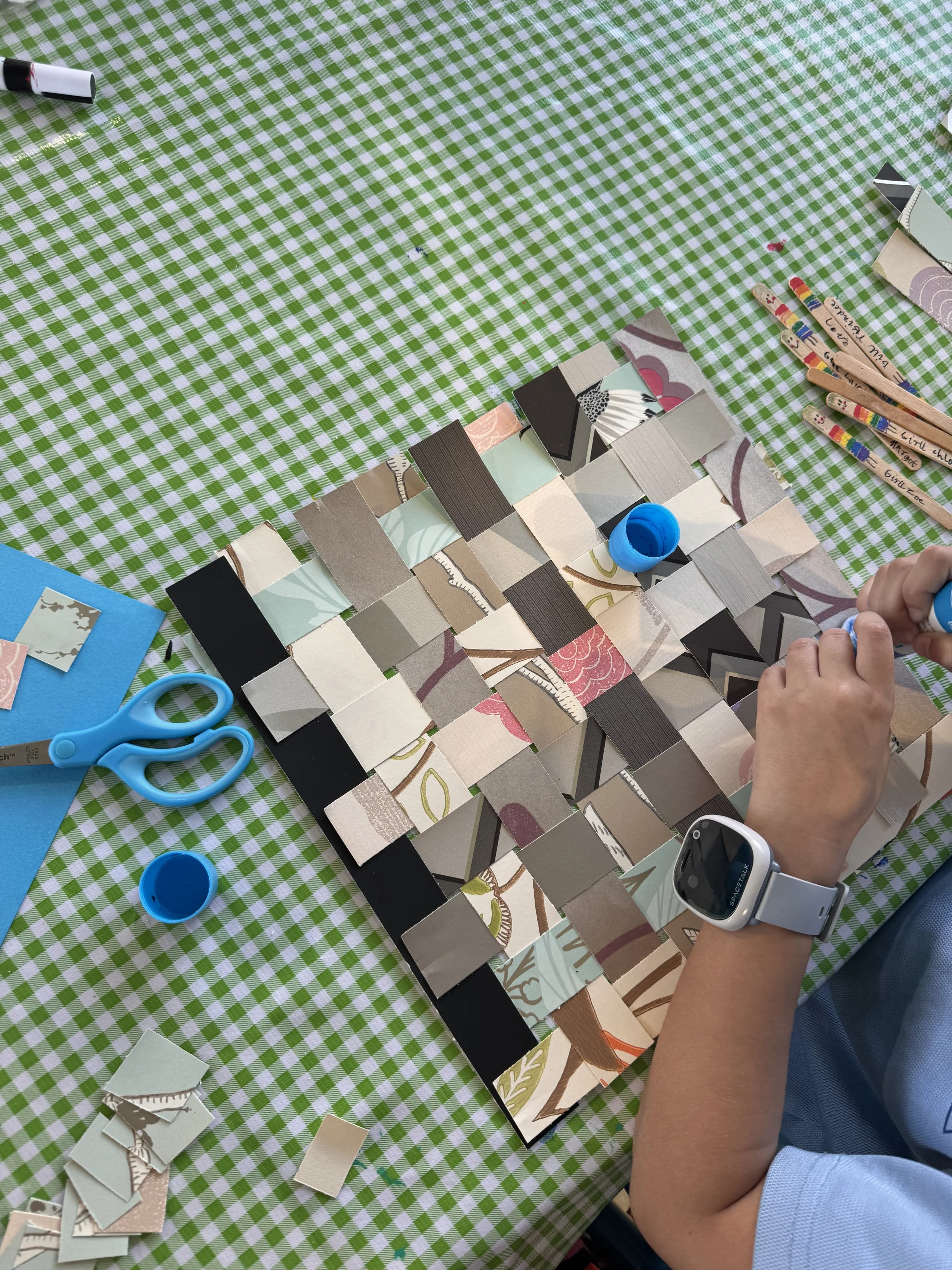 Kirstys Art & Craft Club recycled wallpaper collage weaving activity