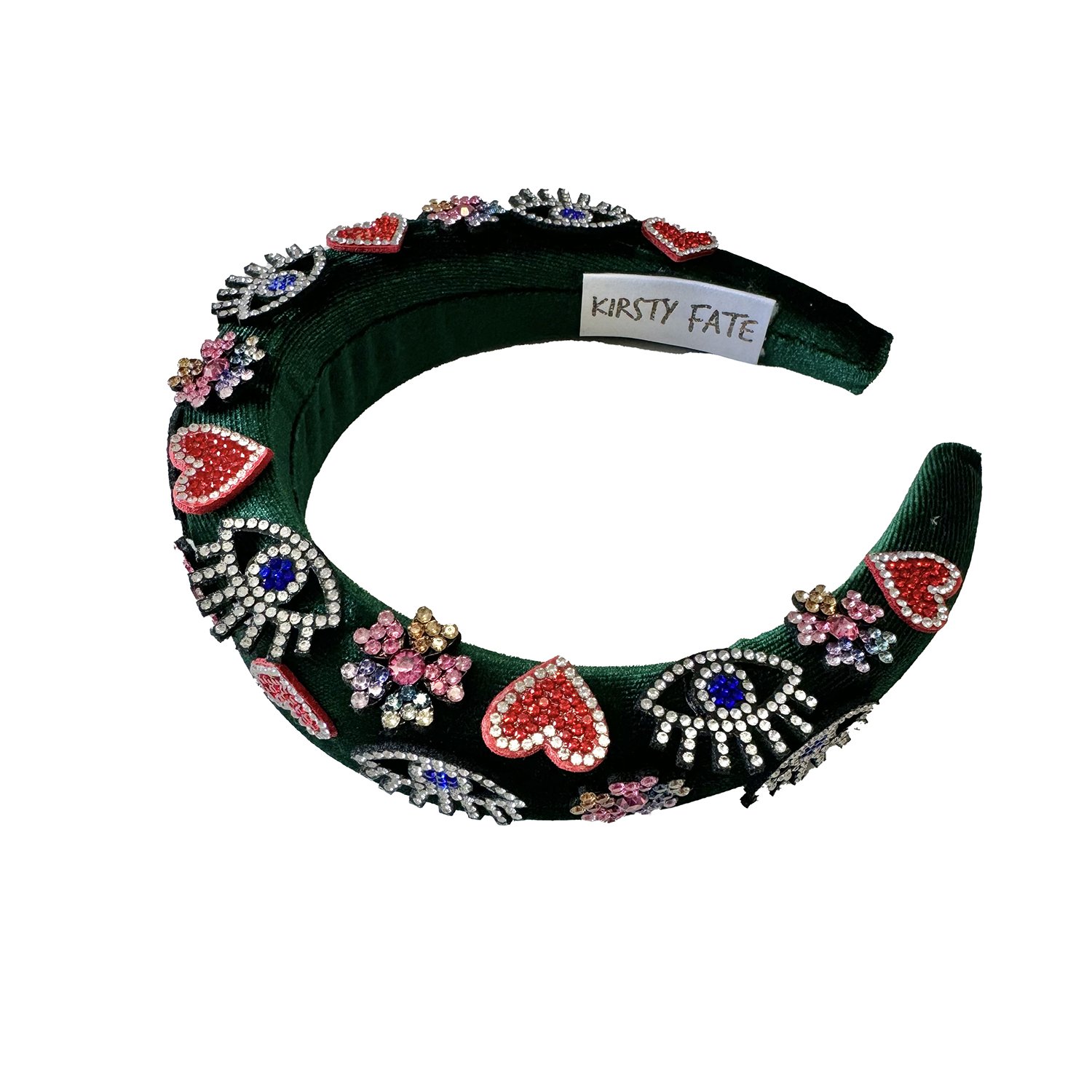 Green velvet padded crown headband with rhinestones