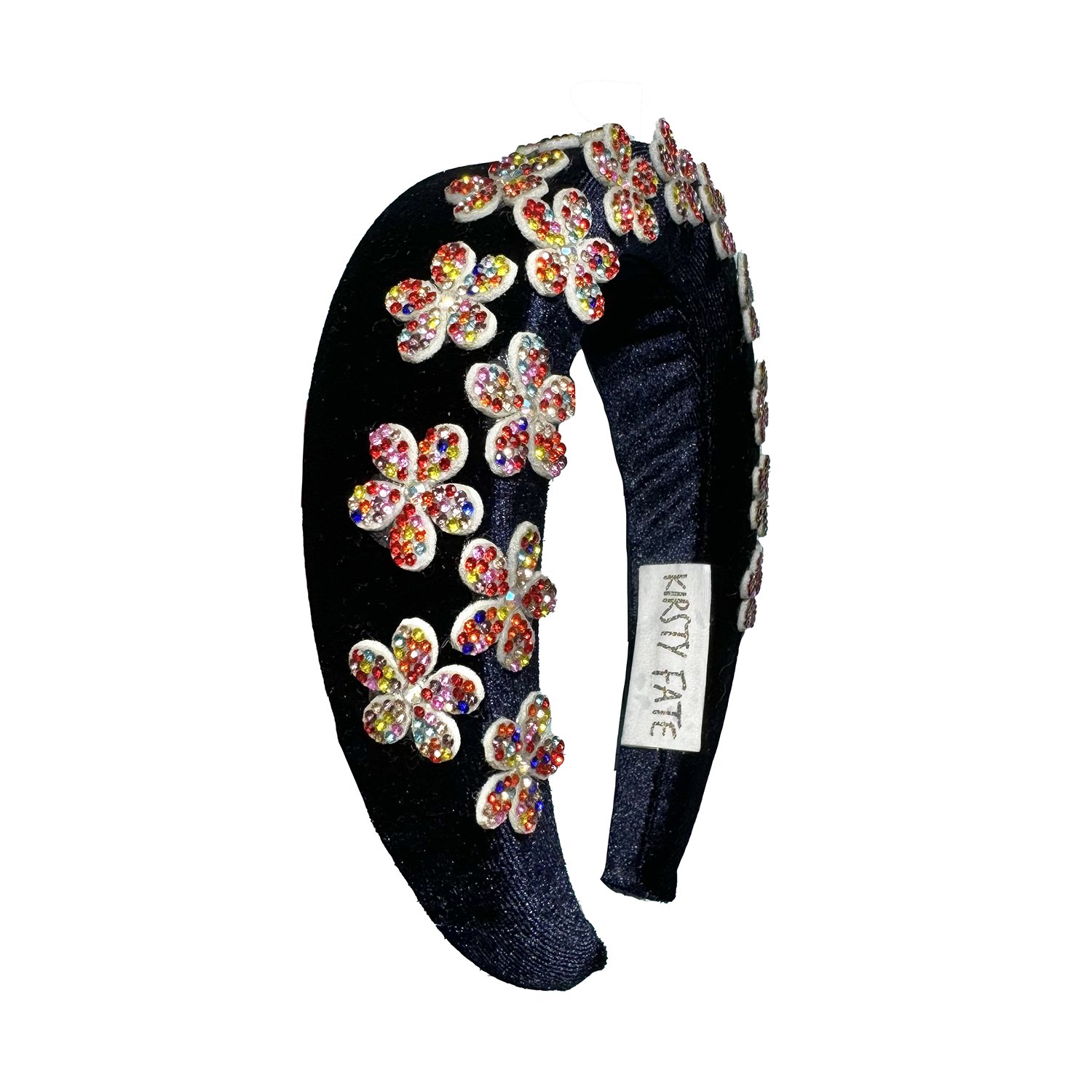 Navy velvet padded headband crown with diamonte flowers