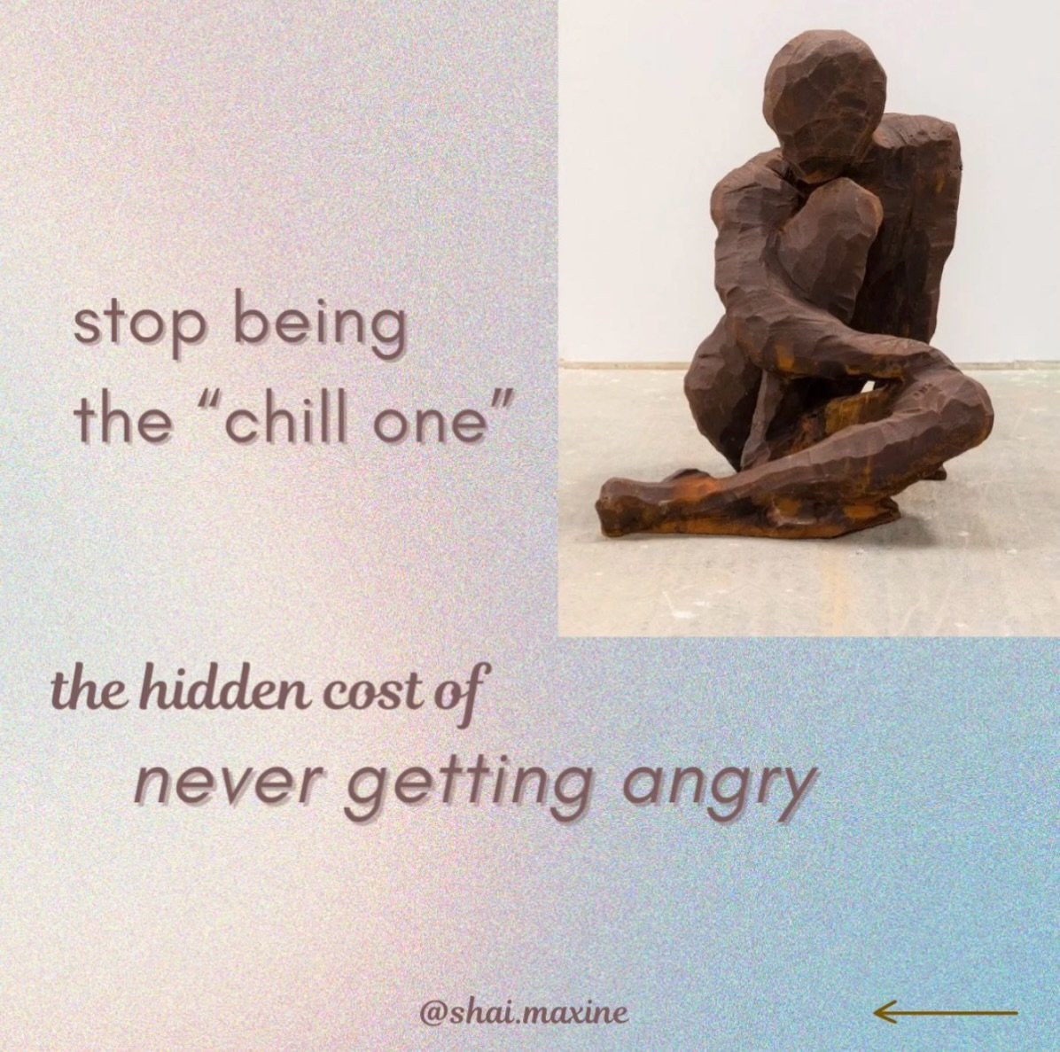 Being &ldquo;the chill one&rdquo; often means your body learned it was safer to suppress anger than risk conflict, rejection, disappointment, or being &ldquo;too much.&rdquo; 

So instead of expressing hurt, frustration, or boundaries, you override y