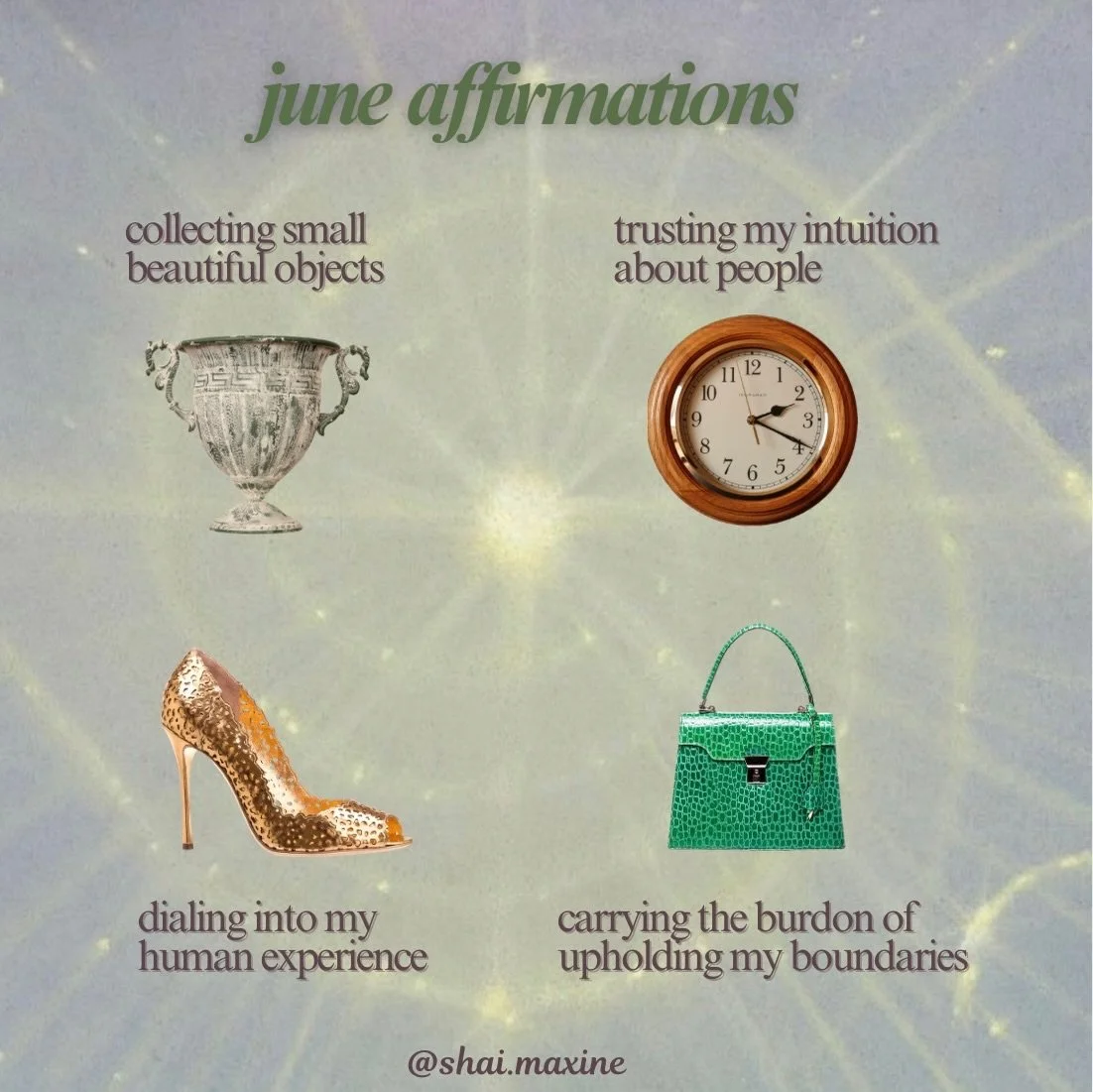 Which of these will you embodying for June?? 😌

Follow your intuition! Listen to your boundaries! Collect objects that bring you joy! It&rsquo;s some of the most healing things you can do for yourself 

Your nervous system feels safe when it builds 