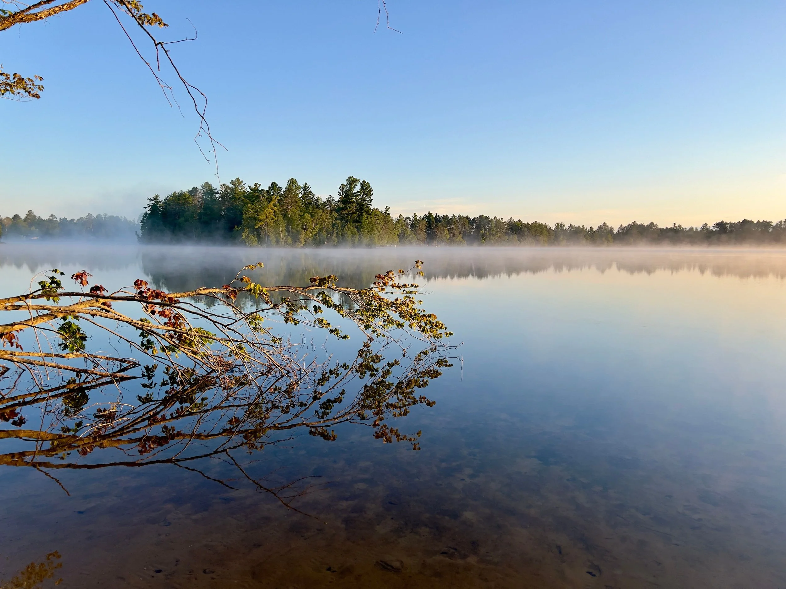 A tranquil lakeside with mist and reflection in Michigan during sunrise.