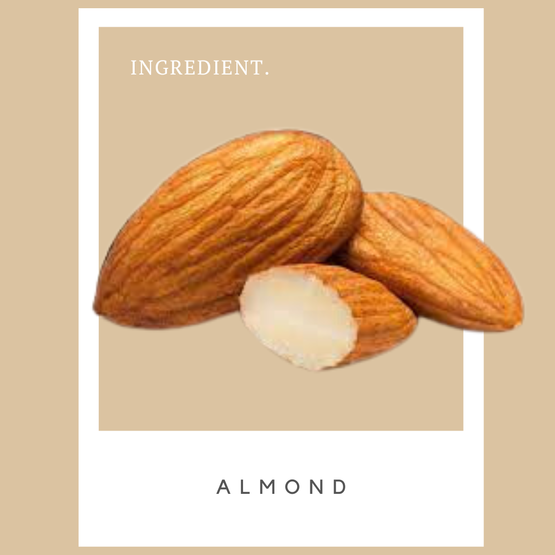 Three almonds, one with a broken shell showing the nut inside, on a beige background with the words "Ingredient" and "Almond".