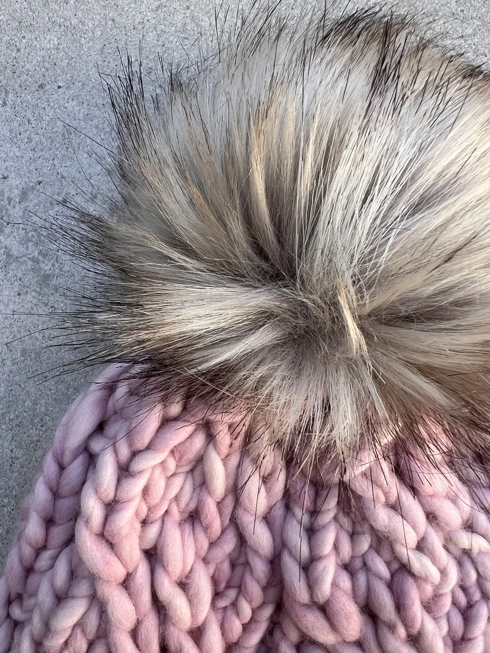 Pink handknit wool beanie faux fur pompom — Meadowbrooke Life display picture 1