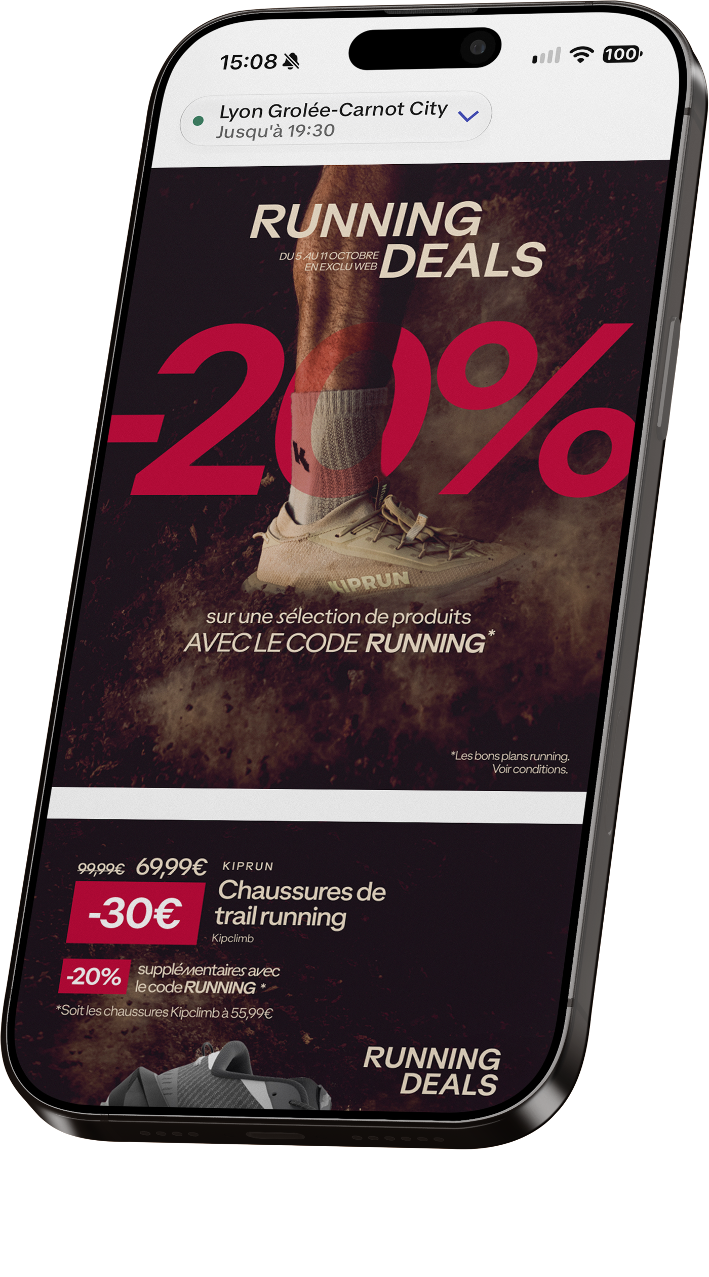 Promotion advertisement for running gear, offering a 20% discount with the code RUNNING, featuring a picture of a runner's shoe and promotional text in French and English.