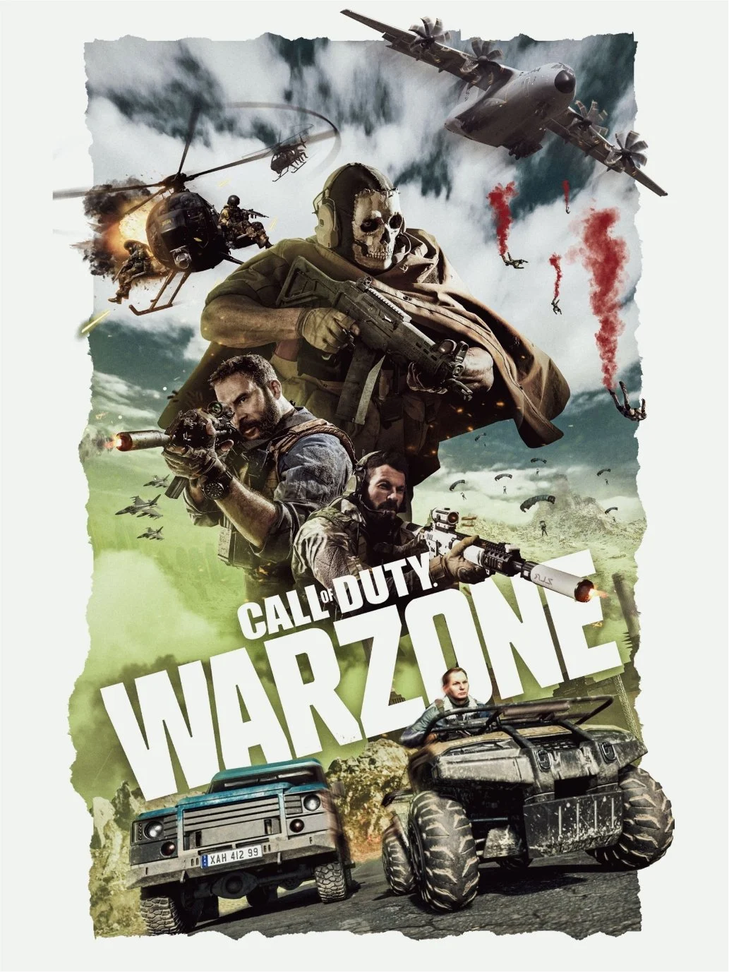 Call of Duty: Warzone poster with armed soldiers, helicopters, off-road vehicles, parachutists and explosions.