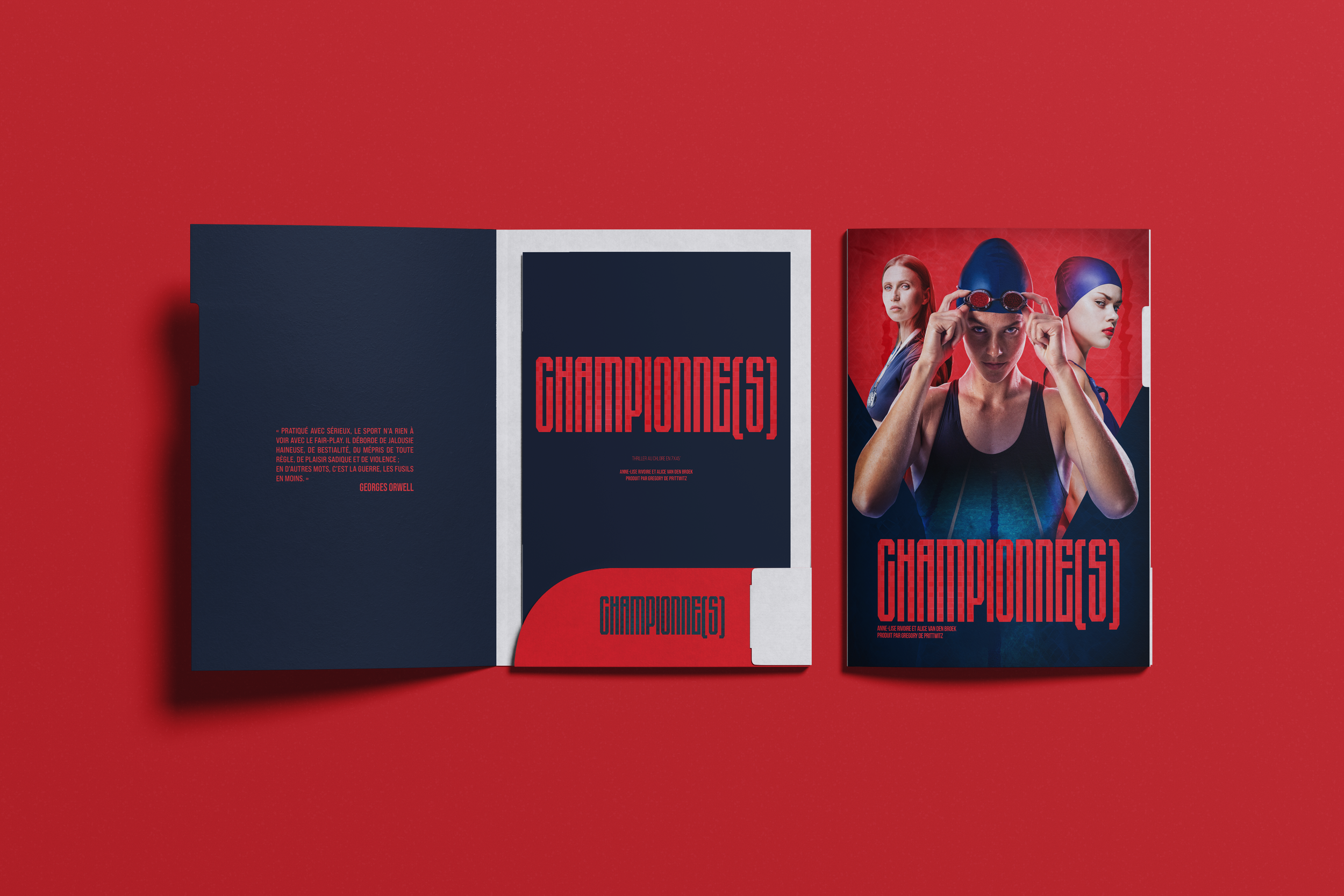Book titled 'Championships' with a cover photo of three female swimmers in swim caps and goggles, set against a red background.