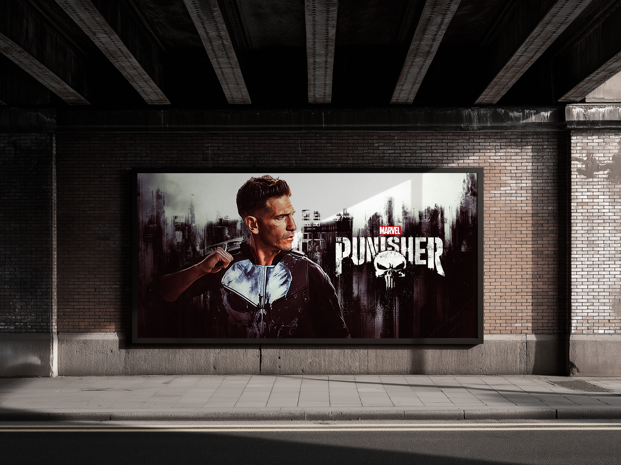 Poster of Marvel's The Punisher featuring a man in a tactical vest and holding a firearm, set against a dark industrial brick wall background.
