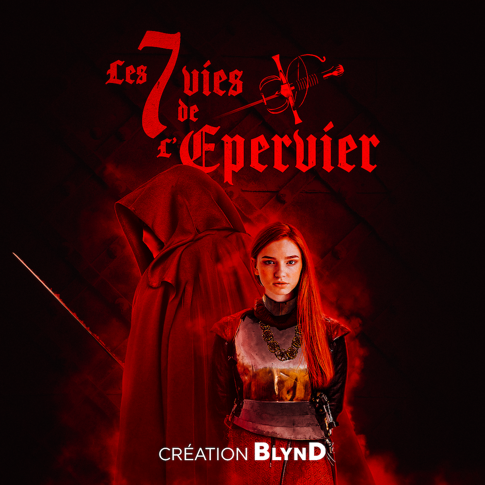 A promotional poster for a production titled 'Les 7 vices de l'Empereur' featuring a woman with long red hair in futuristic attire and a figure in a red hooded cloak with a sword in the background. The poster has a dark red and black color scheme with the title in bold red Gothic font.