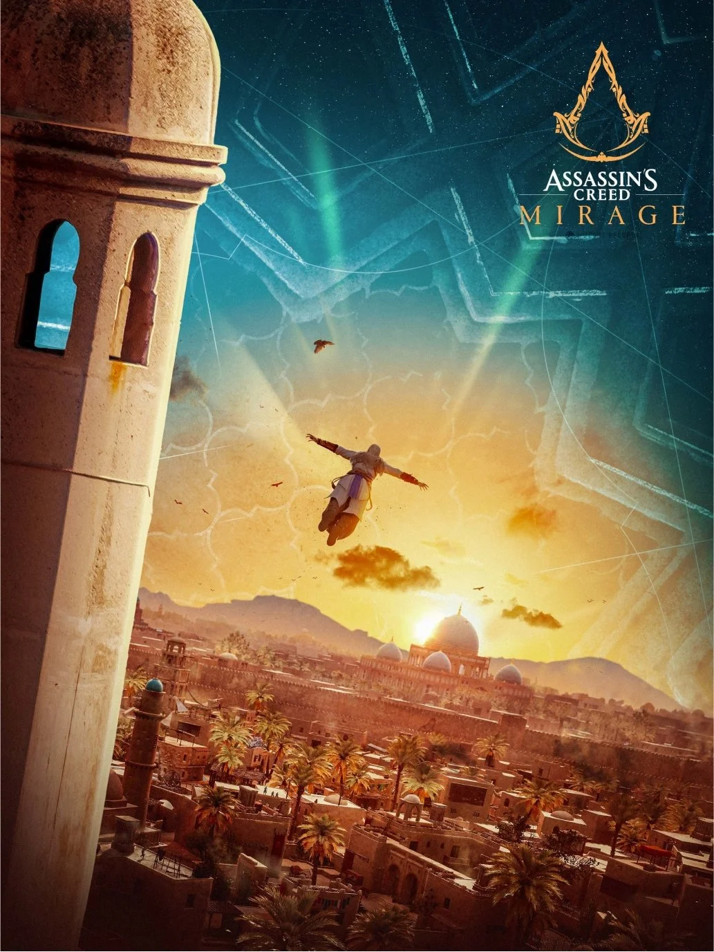 Assassin’s Creed Mirage poster: a man flies above a desert city at sunset, with the logo at upper right.