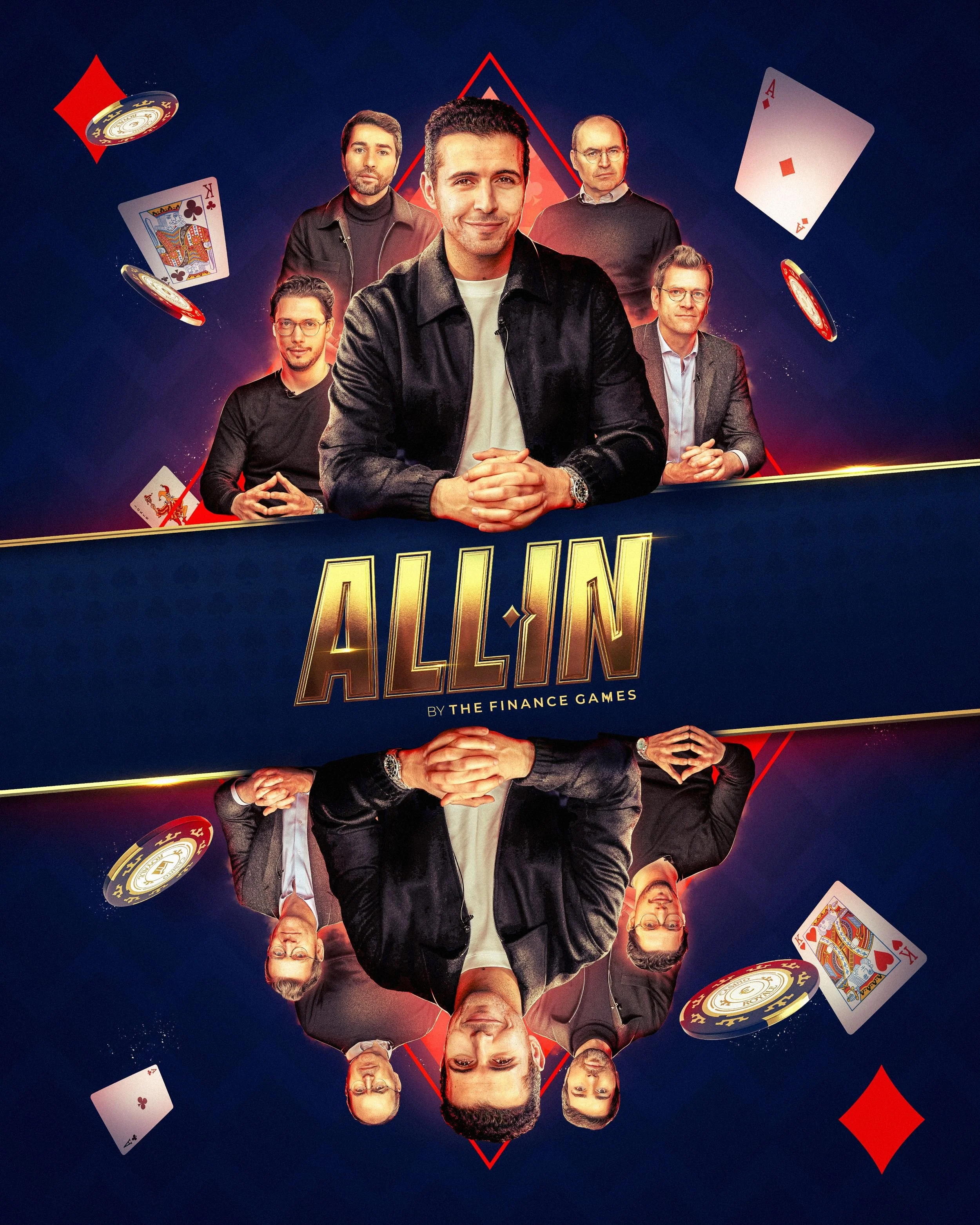 Affiche promotionnelle du film 'All In' montrant six personnes, dont cinq hommes assis devant une table et un homme debout, avec des cartes et des jetons de poker flottant autour, le tout en style dynamique et coloré.