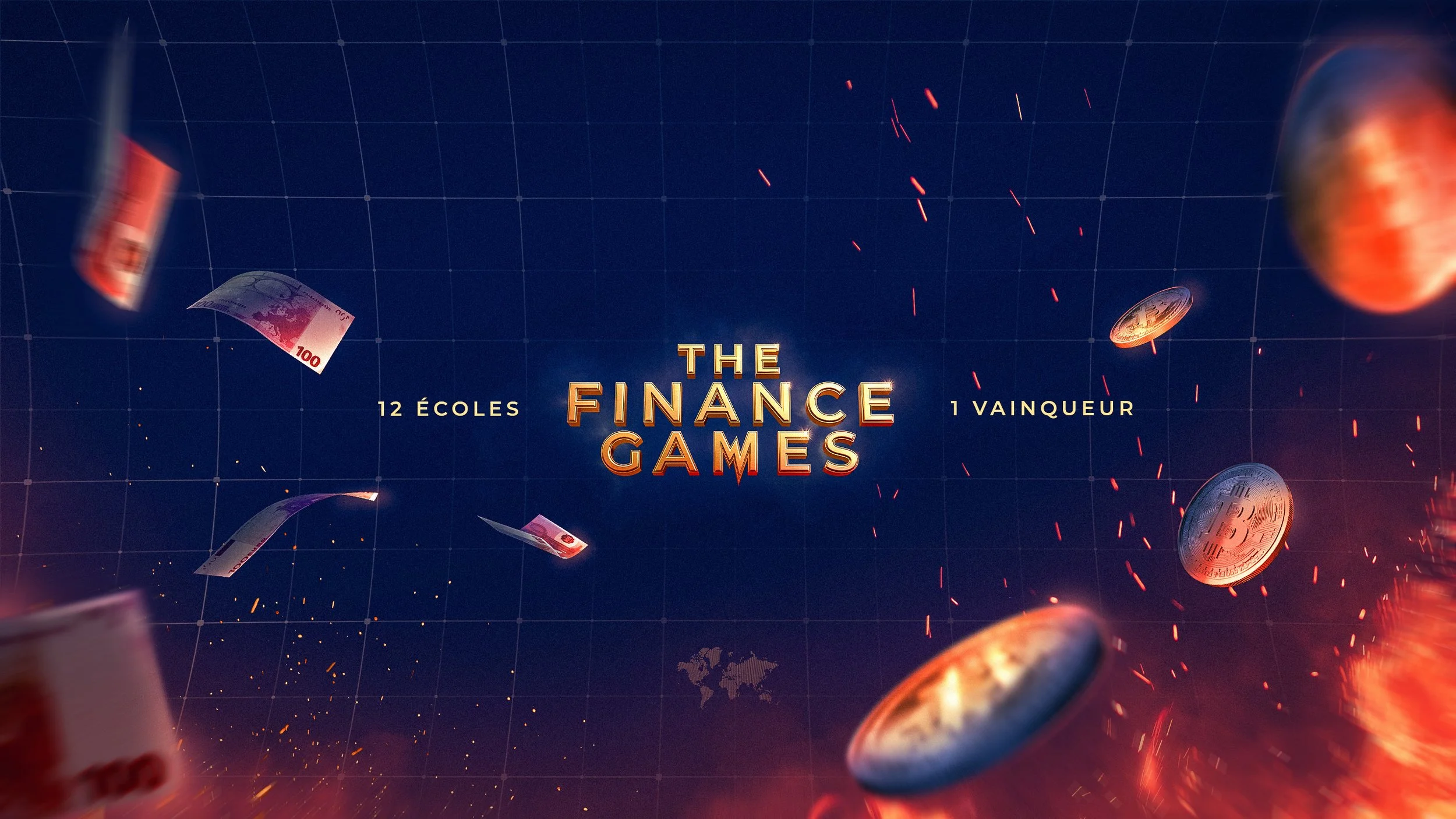 The Finance Games artwork with banknotes and cryptocurrency coins floating against a dark background, with French and English text.