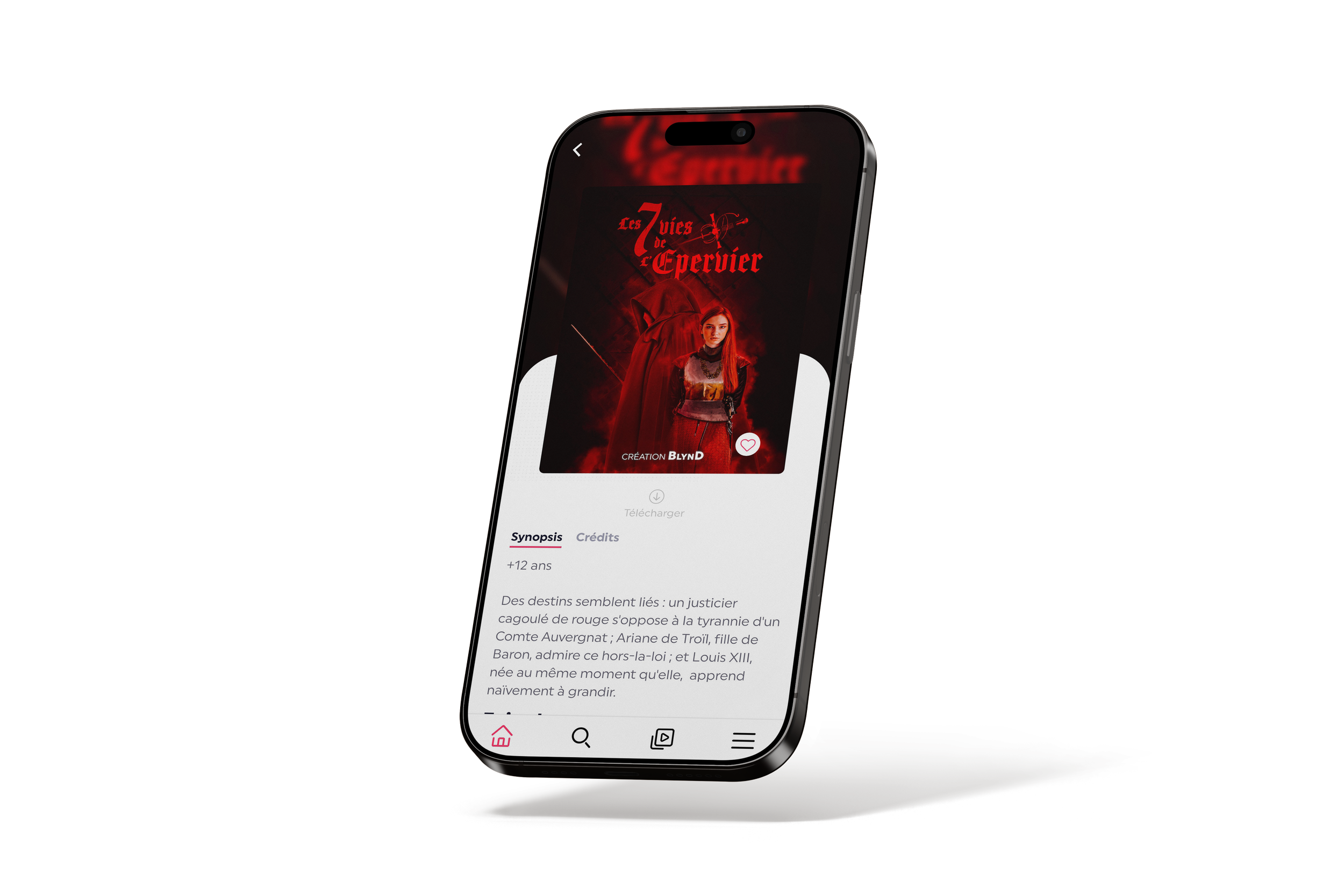 Close-up of a smartphone displaying a page from the app with a red-themed cover image for 'Les 7 Tues de l'Èpervier,' featuring a woman in period costume and a cloaked figure with a bow.