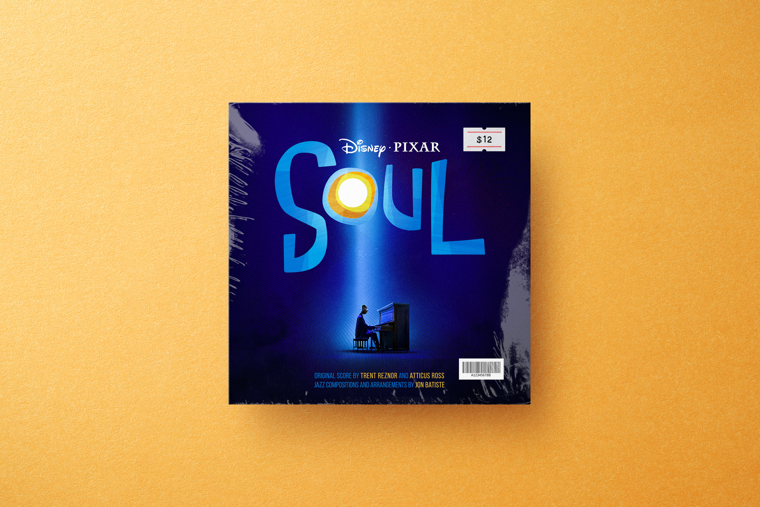Cover of a 'Soul' soundtrack album with a person playing piano on a dark background, price tag of $12 in top right corner, and text indicating original score by Trent Reznor and Atticus Ross, jazz arrangements by Jon Batiste.
