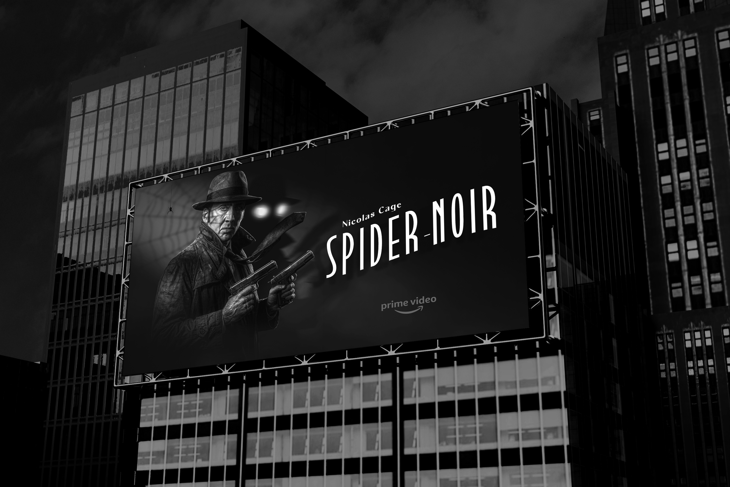 Black and white image of a cityscape with tall buildings at night, featuring a large billboard advertising the TV series 'Spider-Man' starring Nicolas Cage, with the Amazon Prime Video logo.