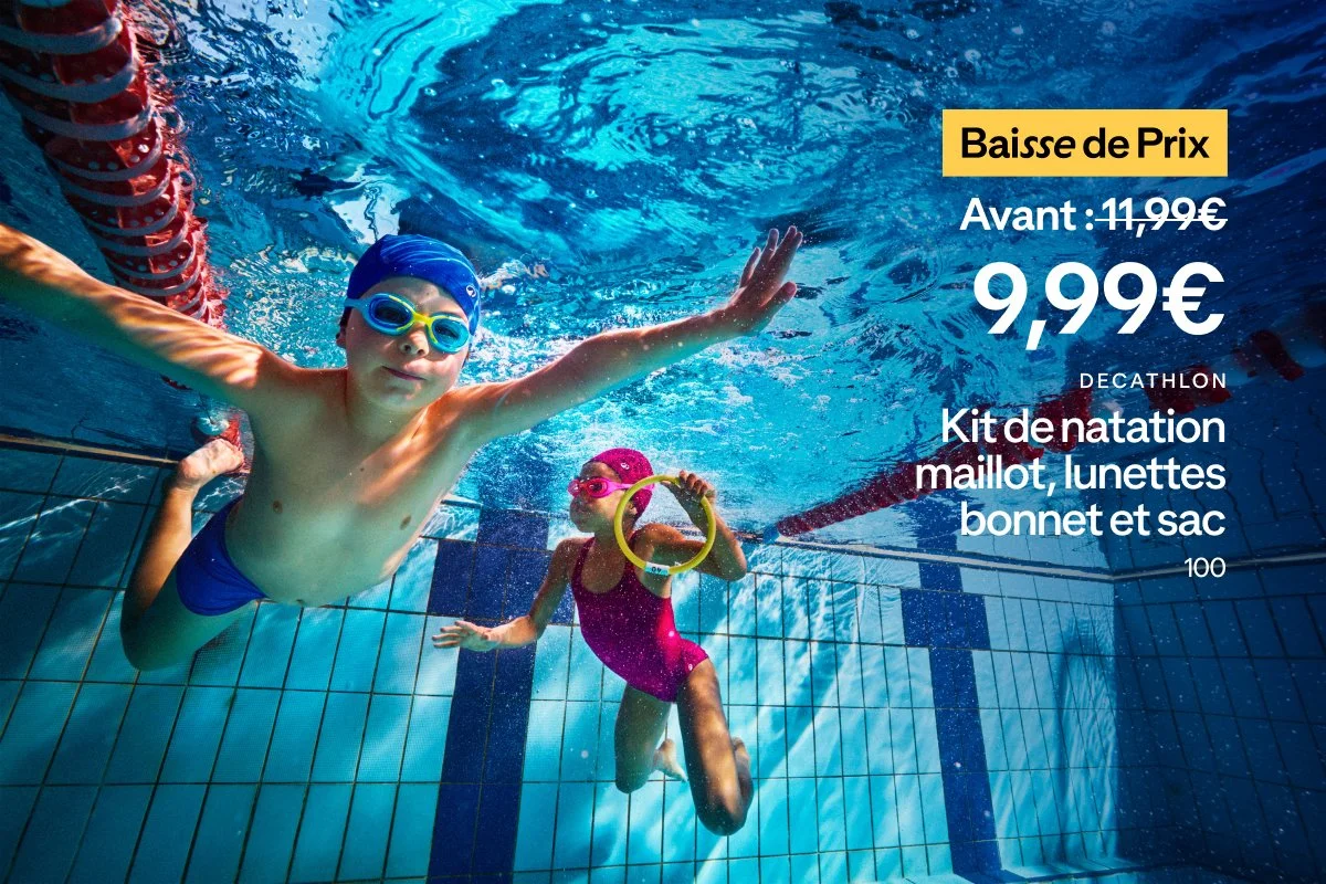 Two young children swimming in a pool with goggles and caps, beside a promotional price for a swimming kit.