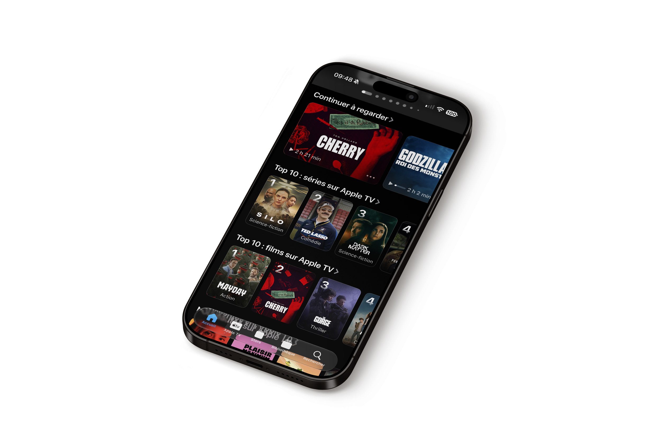 Close-up of a smartphone displaying a streaming app with movie thumbnails and category lists.