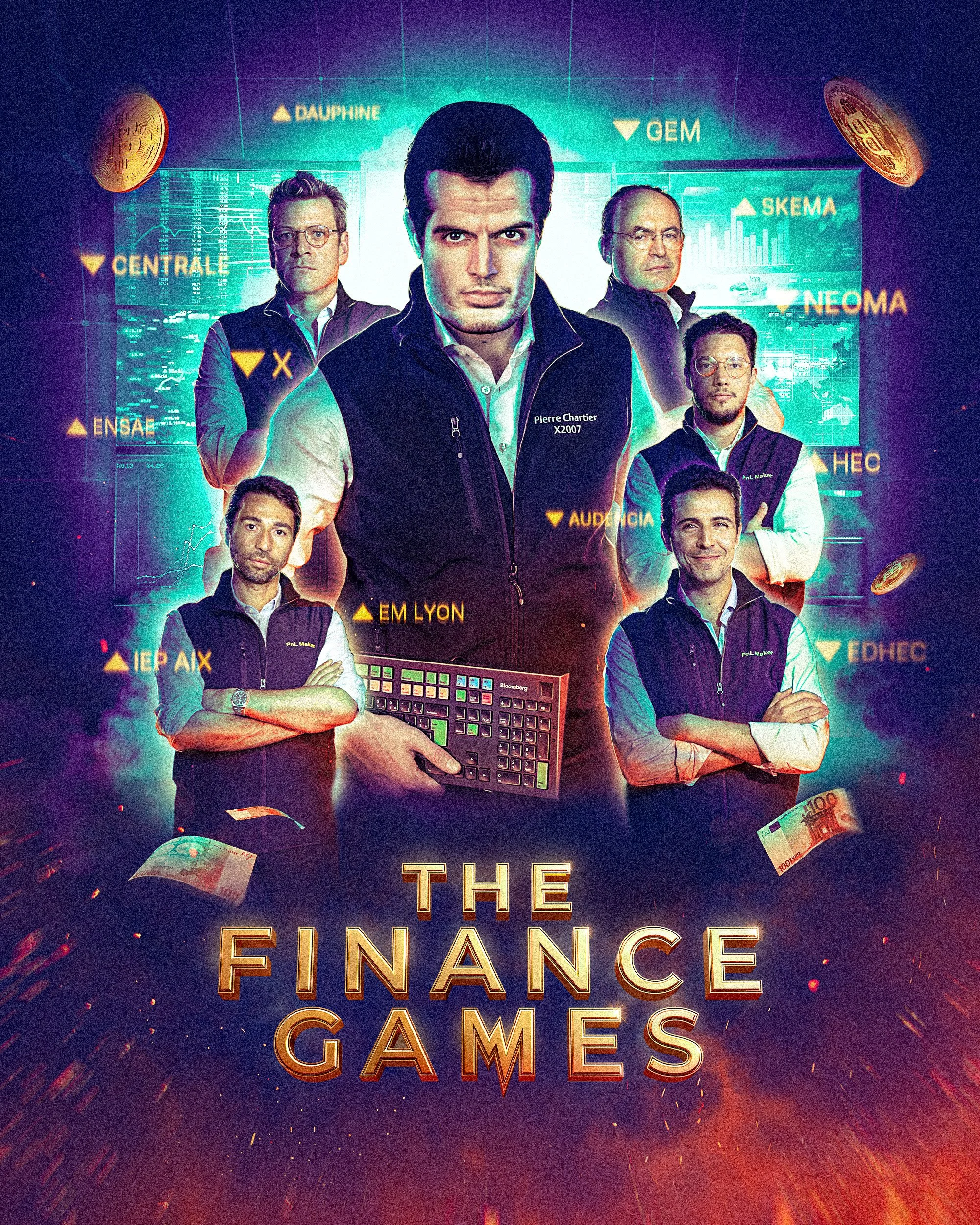The Finance Games poster: portraits against a blue and green background, with the title in gold lettering.