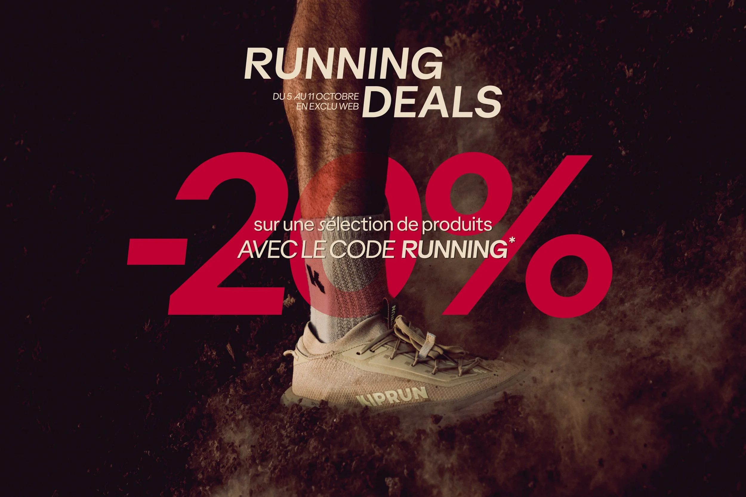Image of a person running, wearing beige running shoes, light-colored shorts, and a patterned sock, on a rough, dark surface, with promotional text about running deals and discounts.