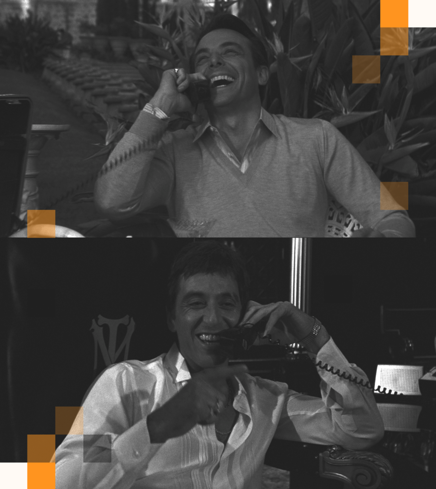 Deux hommes souriants parlent au téléphone. Le premier homme est dans un environnement naturel avec des plantes, le second est dans un intérieur avec un décor élégant.