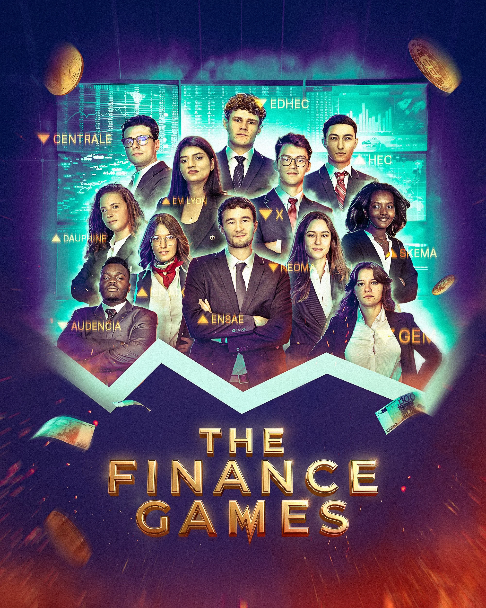 Group of young professionals against futuristic financial graphics, with floating 3D coins and school names including EM LYON, EHEC, ENSEA, GEM and AUDENCIA.