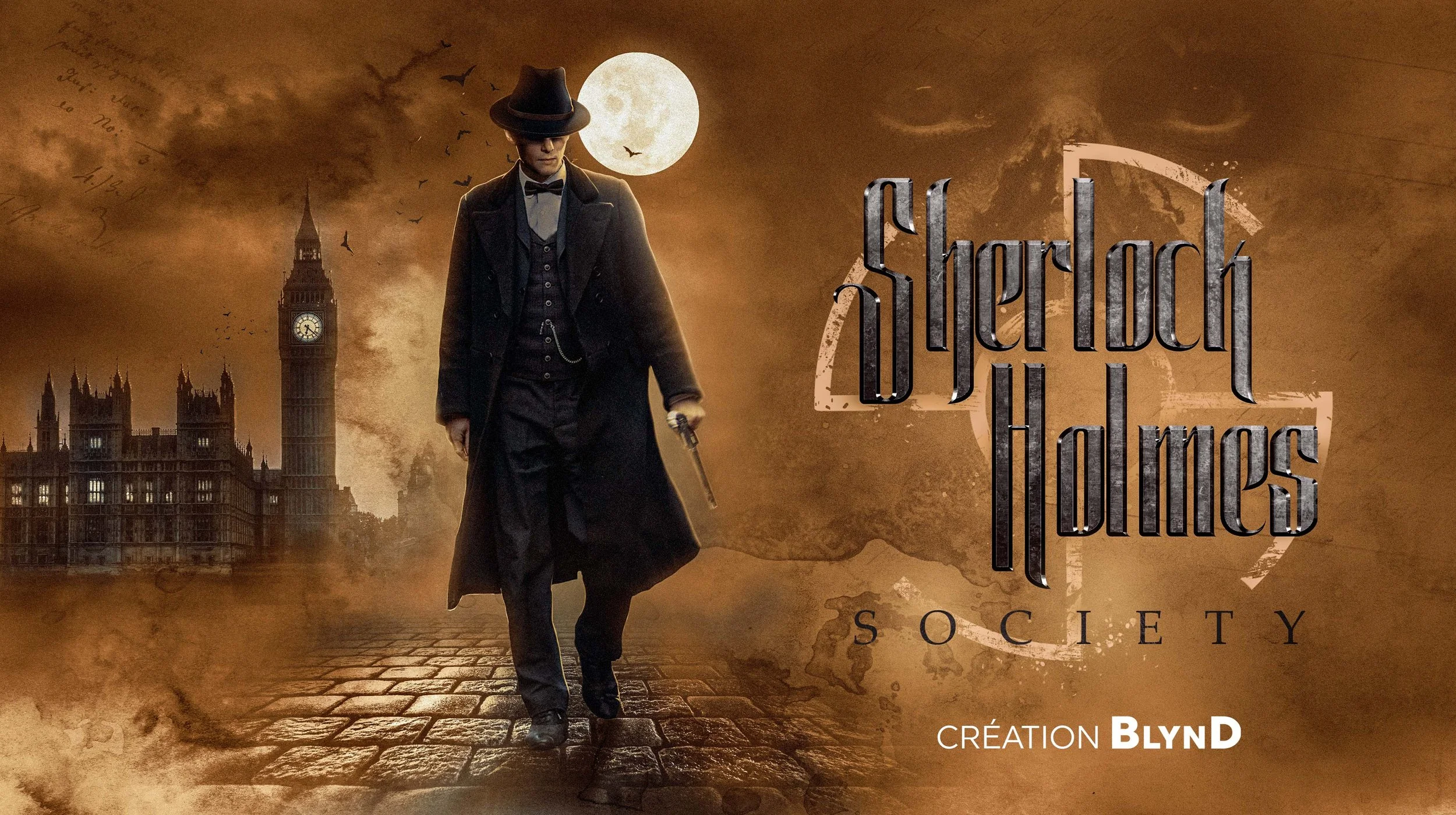 A man dressed as Sherlock Holmes from the TV series 'Sherlock' walking on a cobblestone street with Big Ben and the Houses of Parliament in the background, under a full moon and cloudy sky, with the title 'Sherlock Holmes Society' and a creator credit 'BLYND'.