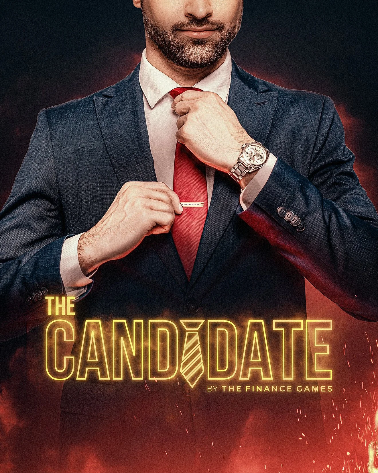 A man in a suit adjusts his red tie. He wears a metal watch and a Finance Games pin. The Candidate by The Finance Games appears below against a dark, fiery background.
