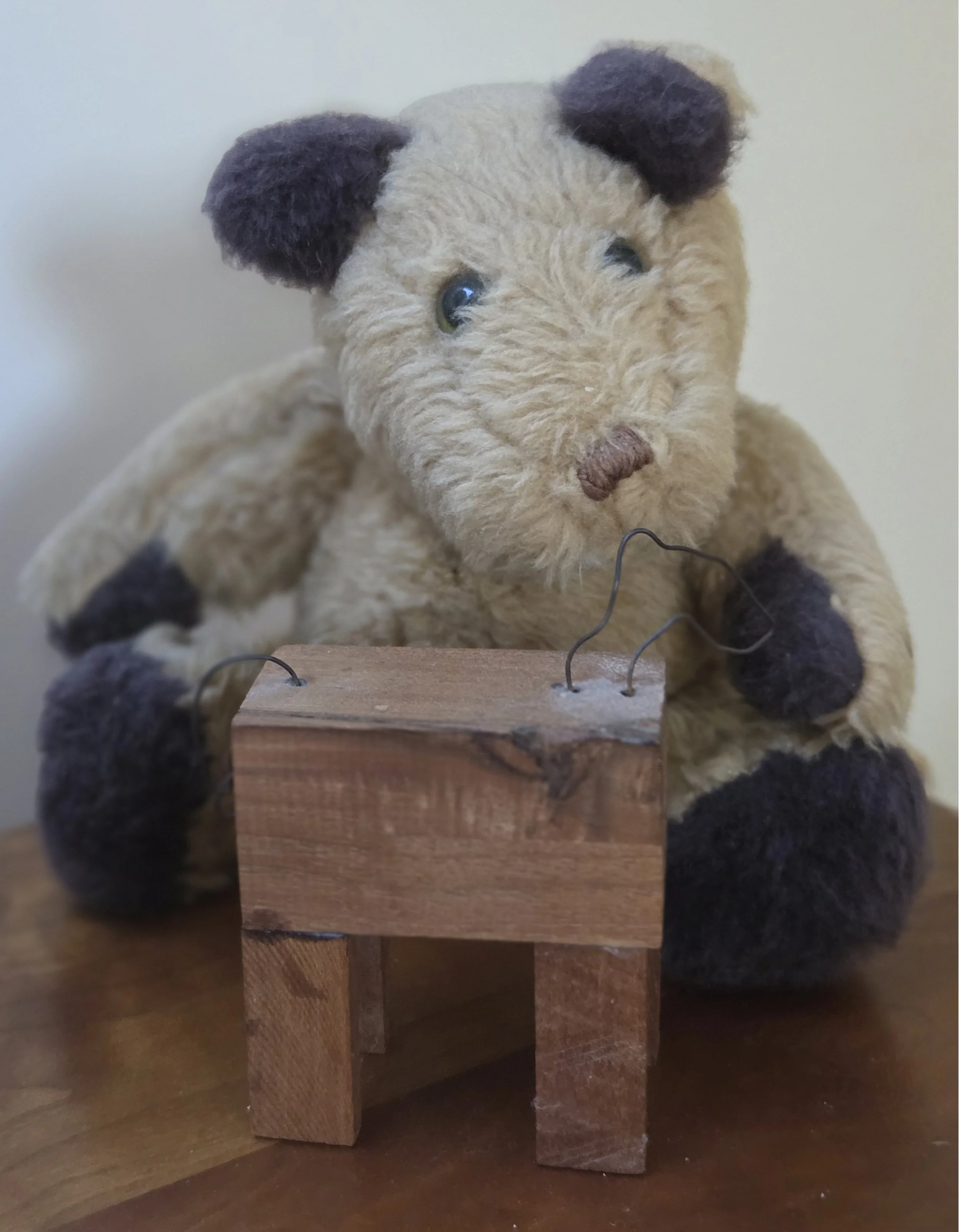 Jill created this brown bear. He sits behind a horse made of wood and wire by her brother, David.