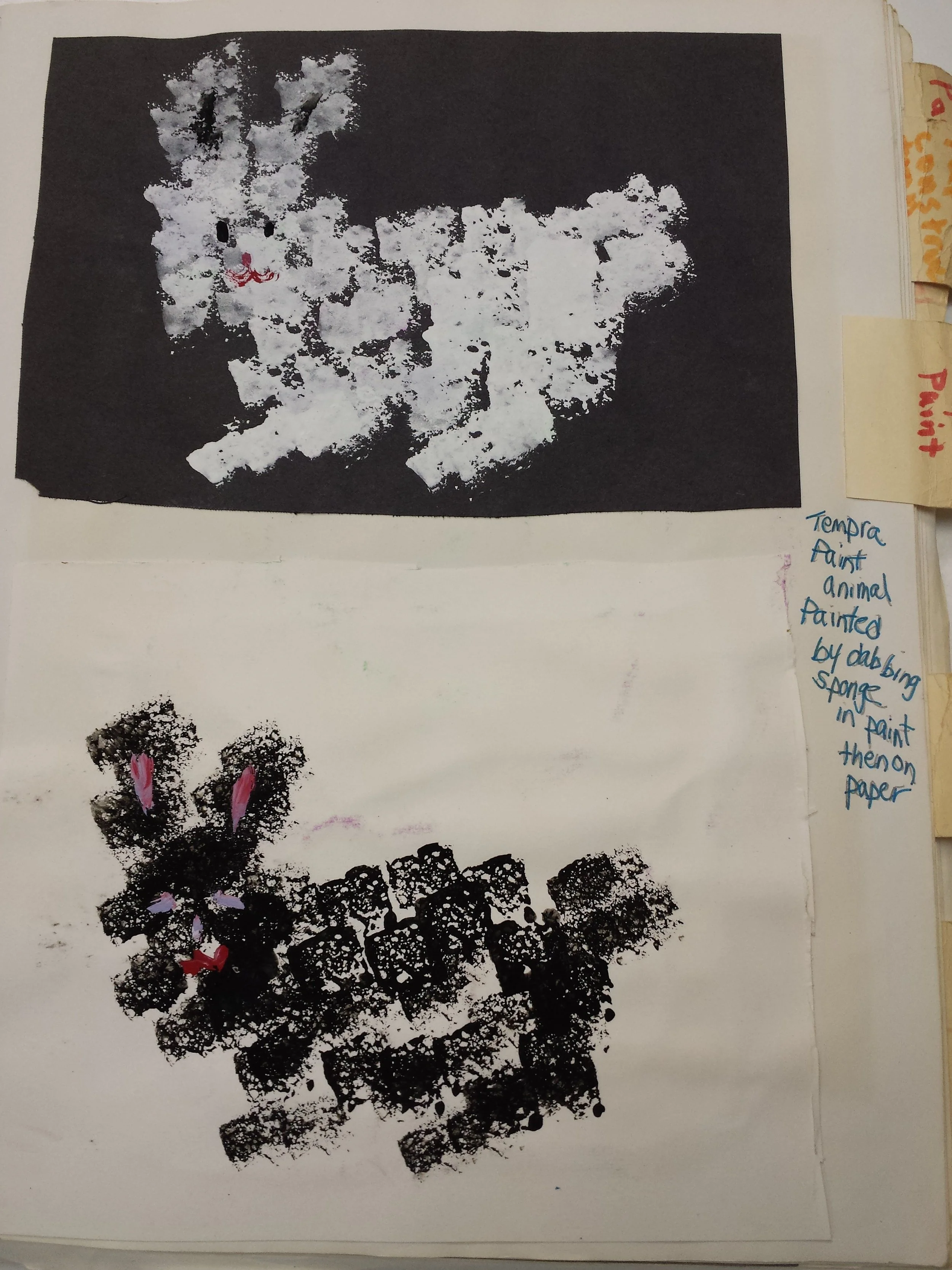 Bunnies painted with tempera applied with a sponge, as Jill notes in the margin.