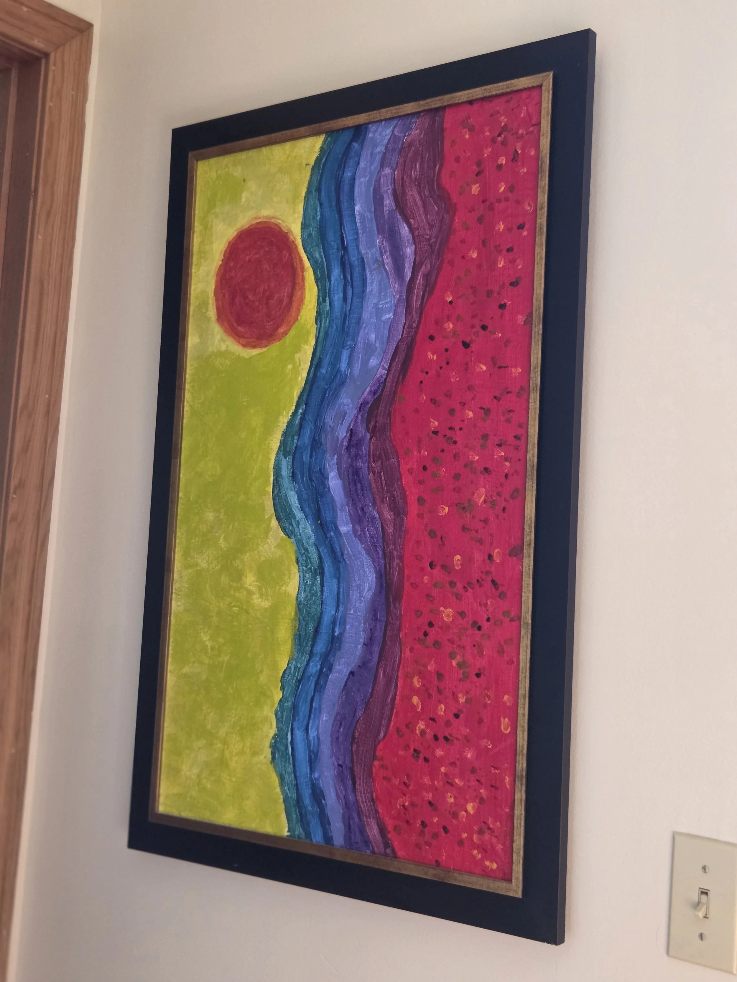 Jill created this oil painting when she was in high school. She emphasized that it was to be displayed with the "sun" on the side, not on top.