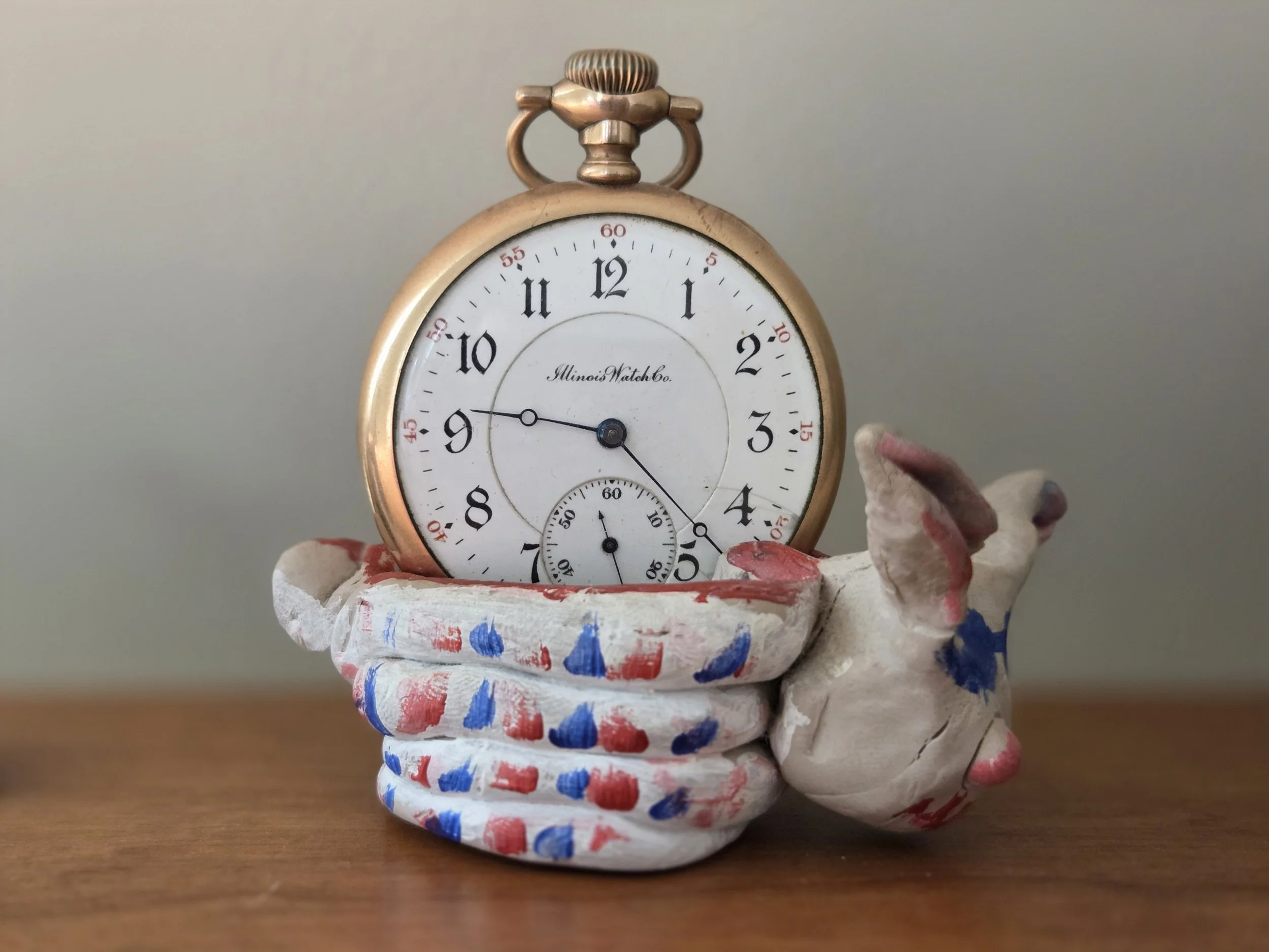 This bunny was one of the first pieces Jill crafted as a child. Her dad now uses it to display an antique pocket watch.