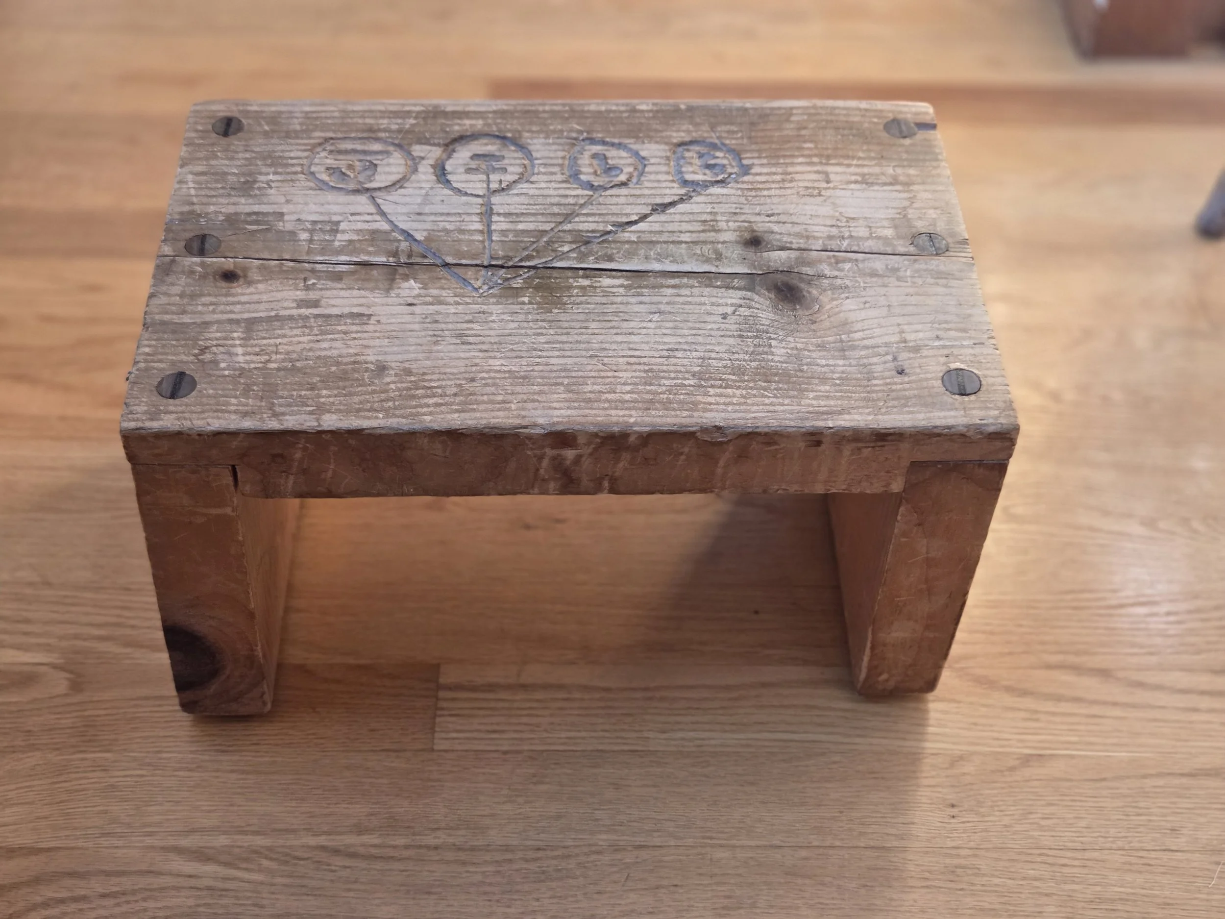 Jill made this very sturdy step stool when she took woodworking during high school. I use it all the time; it's handy, well crafted and would welcome refinishing (one day, perhaps).