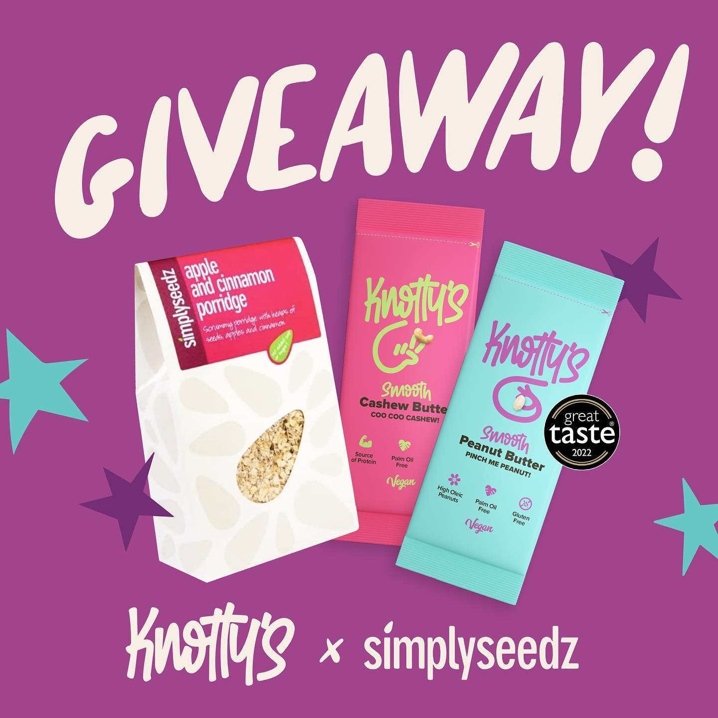 ⭐️ GIVEAWAY! ⭐️ 

We&rsquo;ve teamed up with our friends over at @simplyseedz to giveaway this super tasty breakfast bundle!

What&rsquo;s inside:
🥜 5x Knottys Smooth PB Sachets
🥜 5x Knottys Cashew Butter Sachets
🍎 1x Simplyseedz Apple &amp; Cinna
