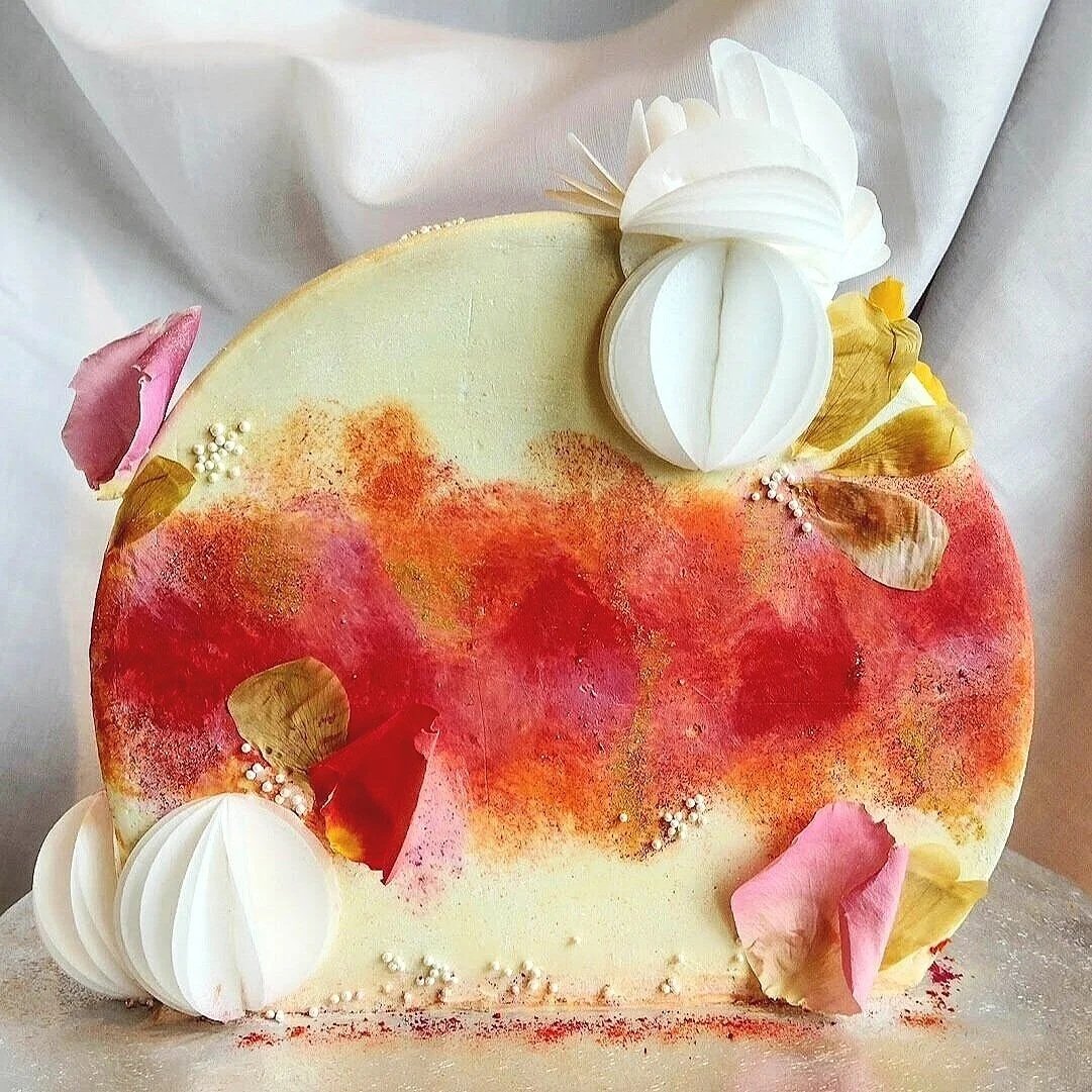 Bespoke celebration cakes, Scottish Borders, Edinburgh, Northumberland and the Lothians. Moon shape design, wafer paper, pink and red edible dried rose petals and pearls. Celebration cakes by Rebecca Grace Banks.