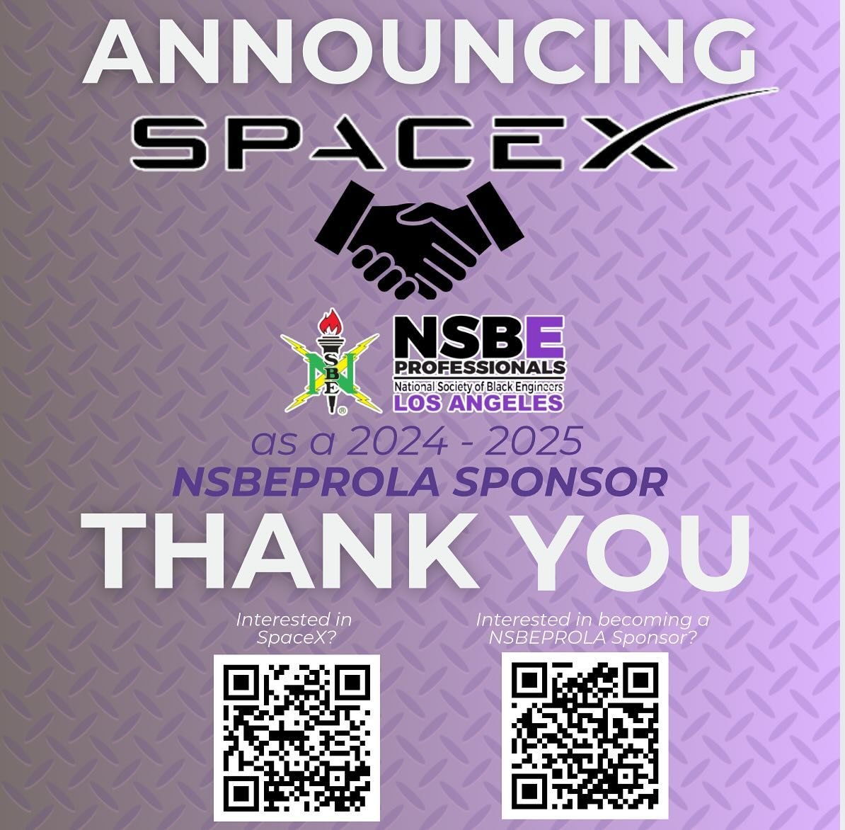 β¨ We're thrilled to announce our partnership with SpaceX for the 2024-2025 year! Like SpaceX, we believe in pushing boundaries and reaching for the stars. Here's to an incredible journey together! β€οΈ #SpaceX #Partnership #Inspiration #NSBELosAngele