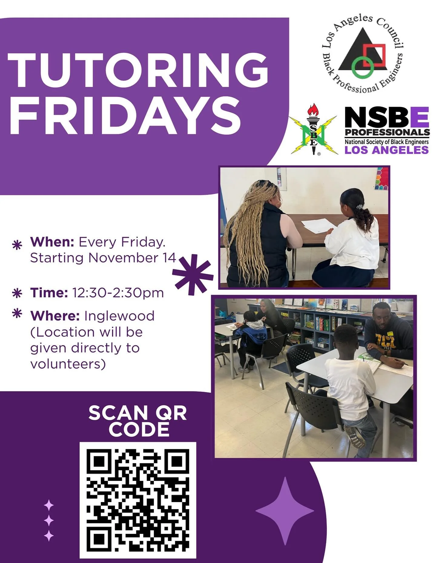 📚✨ Join us for Tutoring Fridays &mdash; starting November 14!
We&rsquo;re empowering the next generation every week in Inglewood.
⏰ 12:30- 2:30pm | 💡 Volunteer &amp; make a difference!
Scan the QR code to sign up today.
#NSBELosAngeles #NSBEProfess
