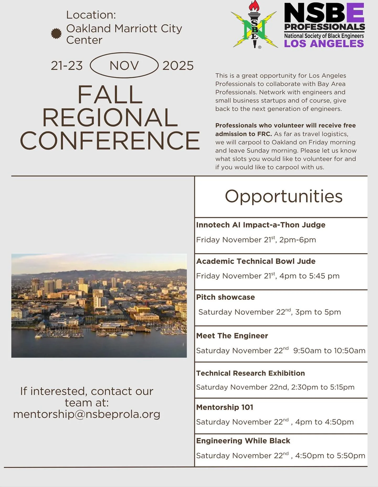 📣 NSBE Region 6 Fall Regional Conference is almost here!
Join us in Oakland for a weekend full of innovation, connection, and Black excellence in engineering. From pitch showcases to mentorship sessions&mdash;there&rsquo;s something for everyone. 💡