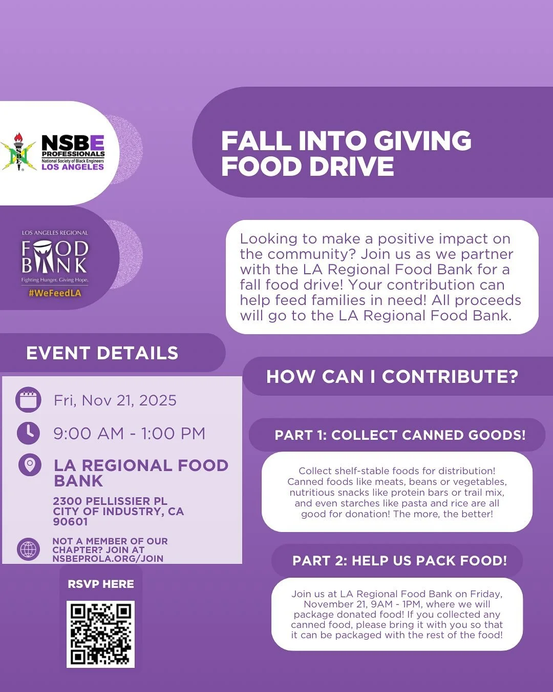 Let&rsquo;s make an impact together! 🙌🏾
Join us Nov 21 as we collect and pack food for the LA Regional Food Bank. Your donations help feed real families across LA.
#ServeTheCommunity #WeFeedLA #nsbeprola