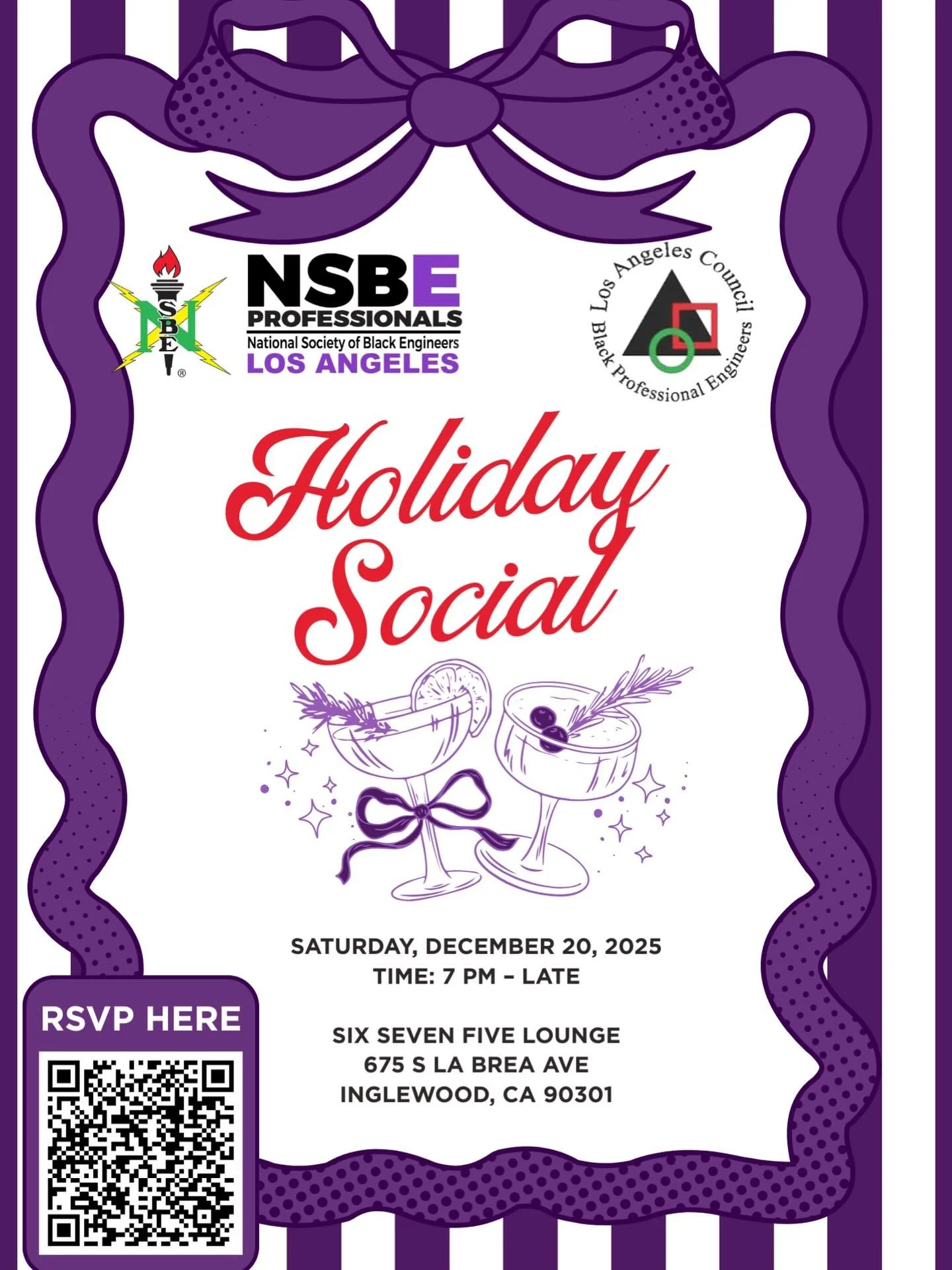 Please join us for our annual Holiday Social on December 20th at 7 PM at the new Six Seven Five Lounge in Inglewood! Come toast to the end of the year with your NSBE Family, and enjoy a warm, festive atmosphere with live music. Don&rsquo;t miss this 